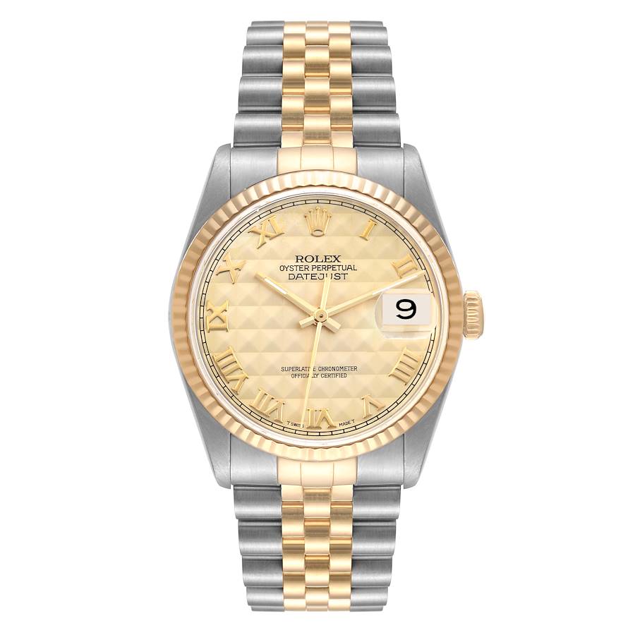 Rolex Datejust Steel Yellow Gold Champagne Pyramid Dial Mens Watch