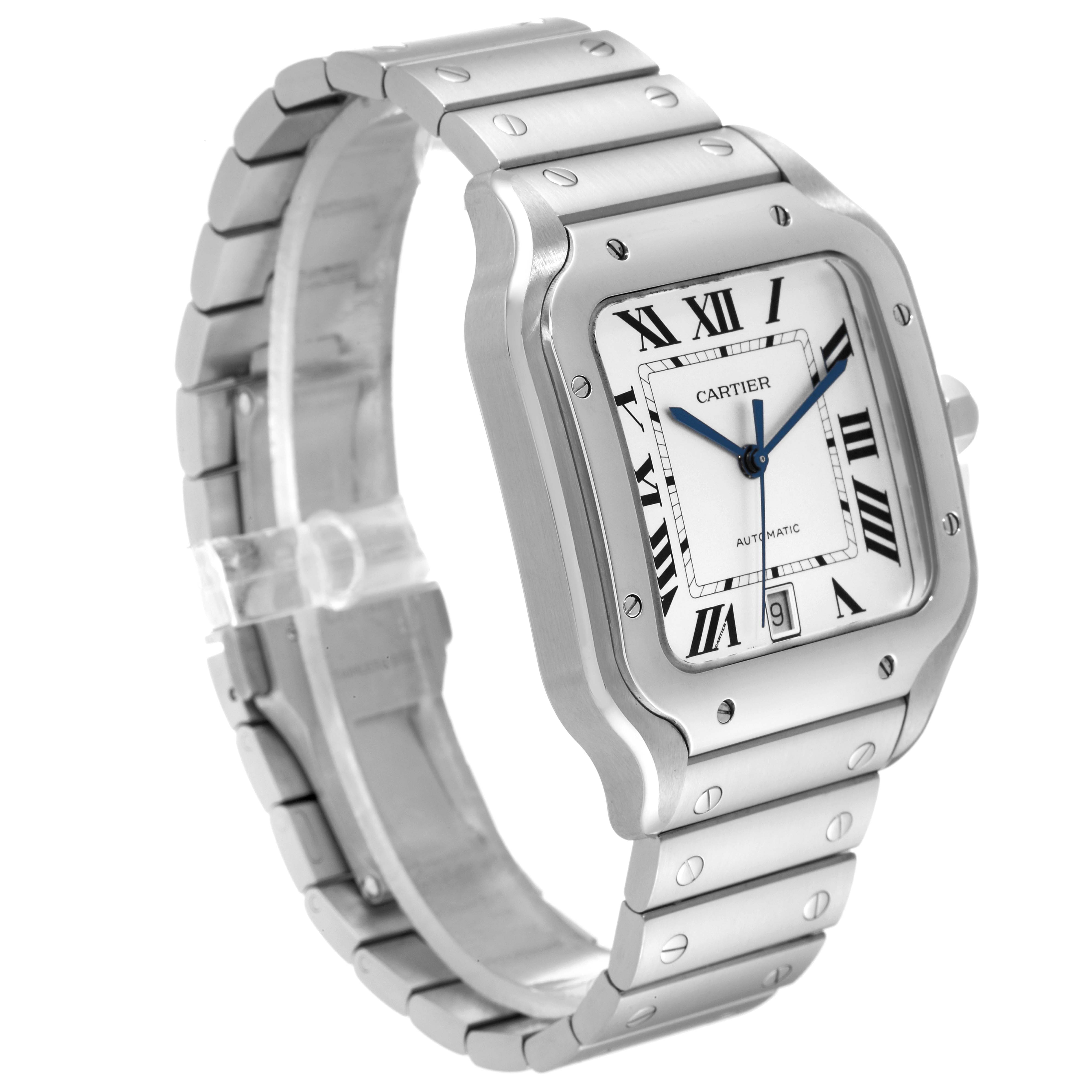 Cartier Santos Silver Dial Large Steel Mens Watch WSSA0018 Box Card