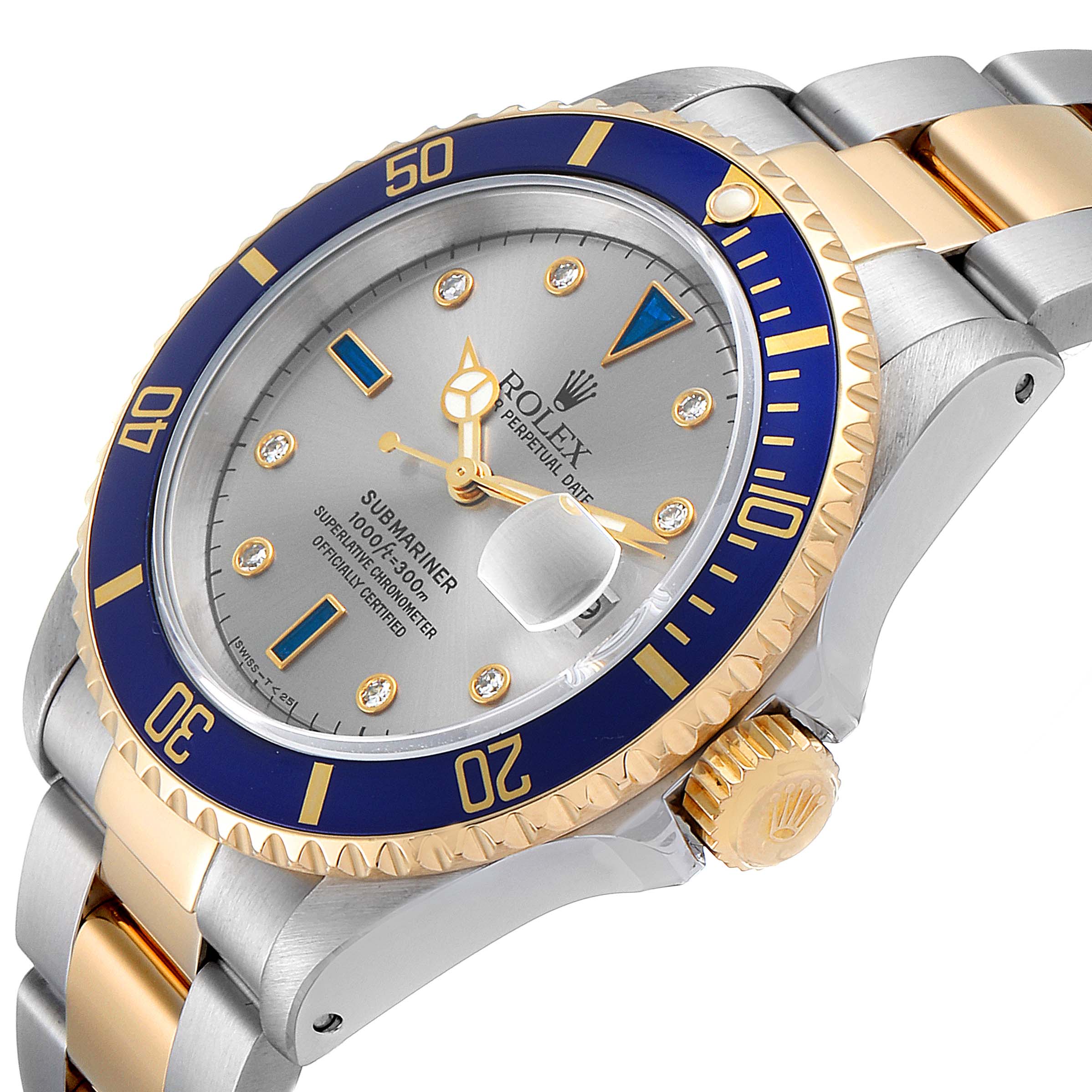 Rolex Submariner Steel Gold Diamond Sapphire Serti Dial Mens Watch