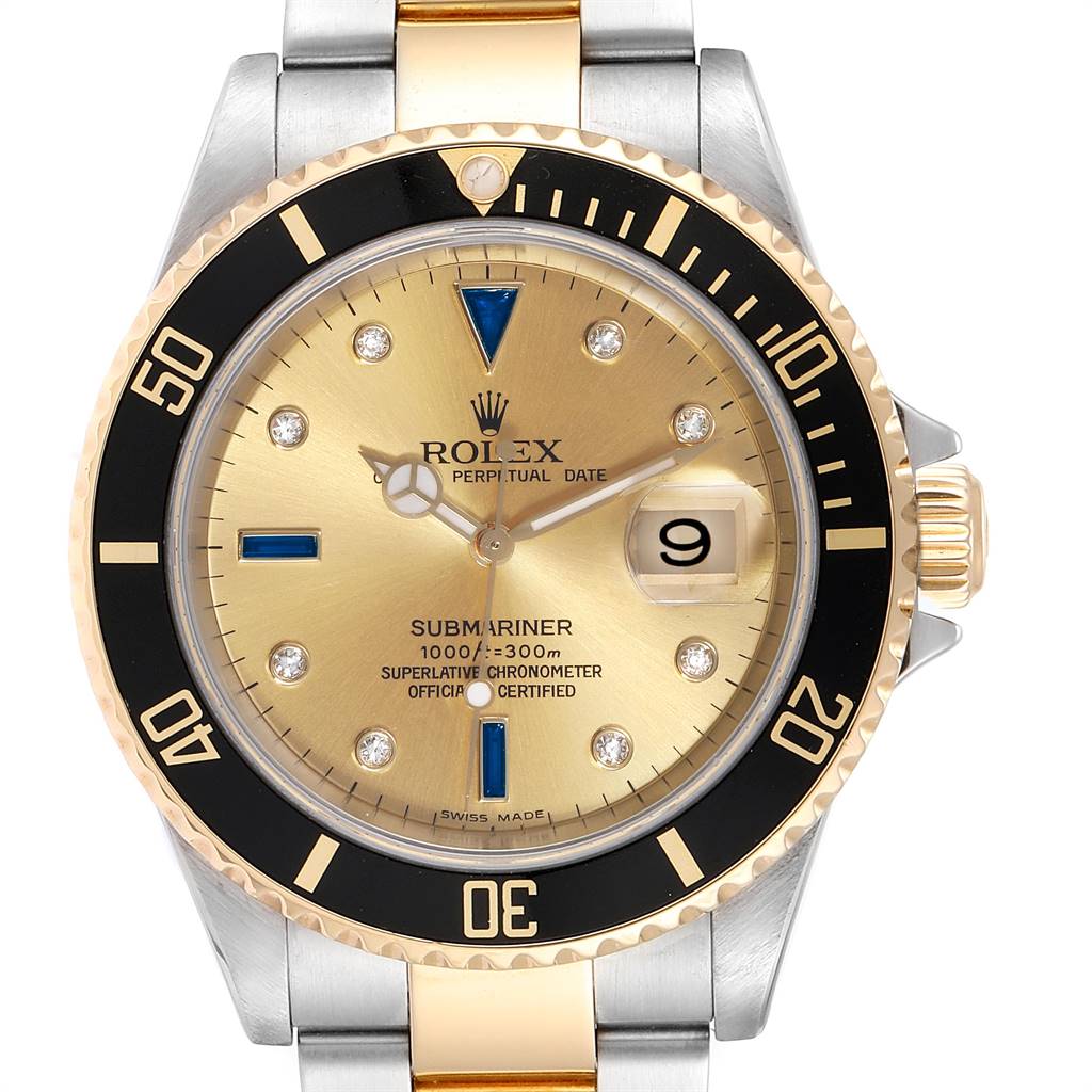 Rolex Submariner Steel Gold Diamond Sapphire Serti Dial Mens Watch