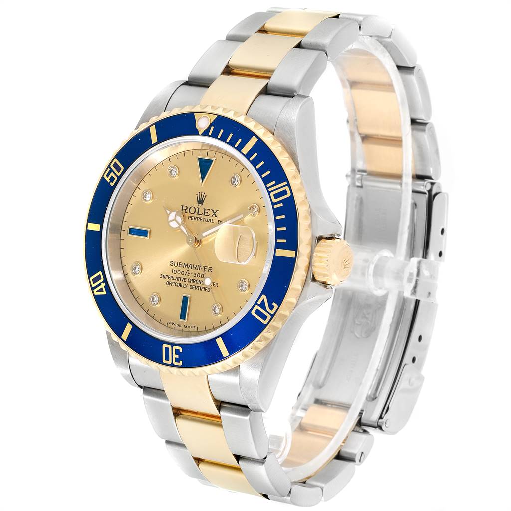 Rolex Submariner Steel Gold Diamond Sapphire Serti Dial Mens Watch