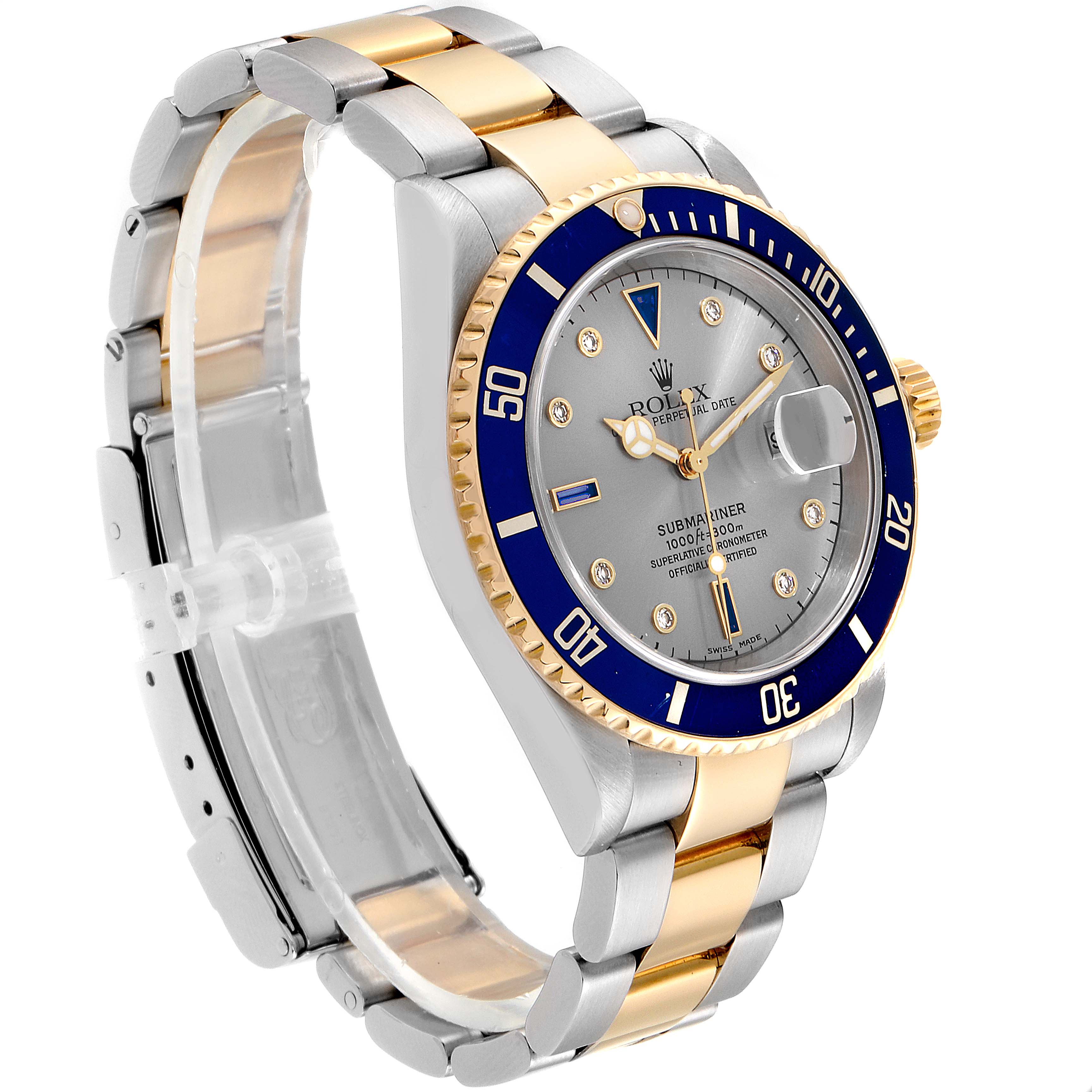 Rolex Submariner Steel Gold Diamond Sapphire Serti Dial Mens Watch