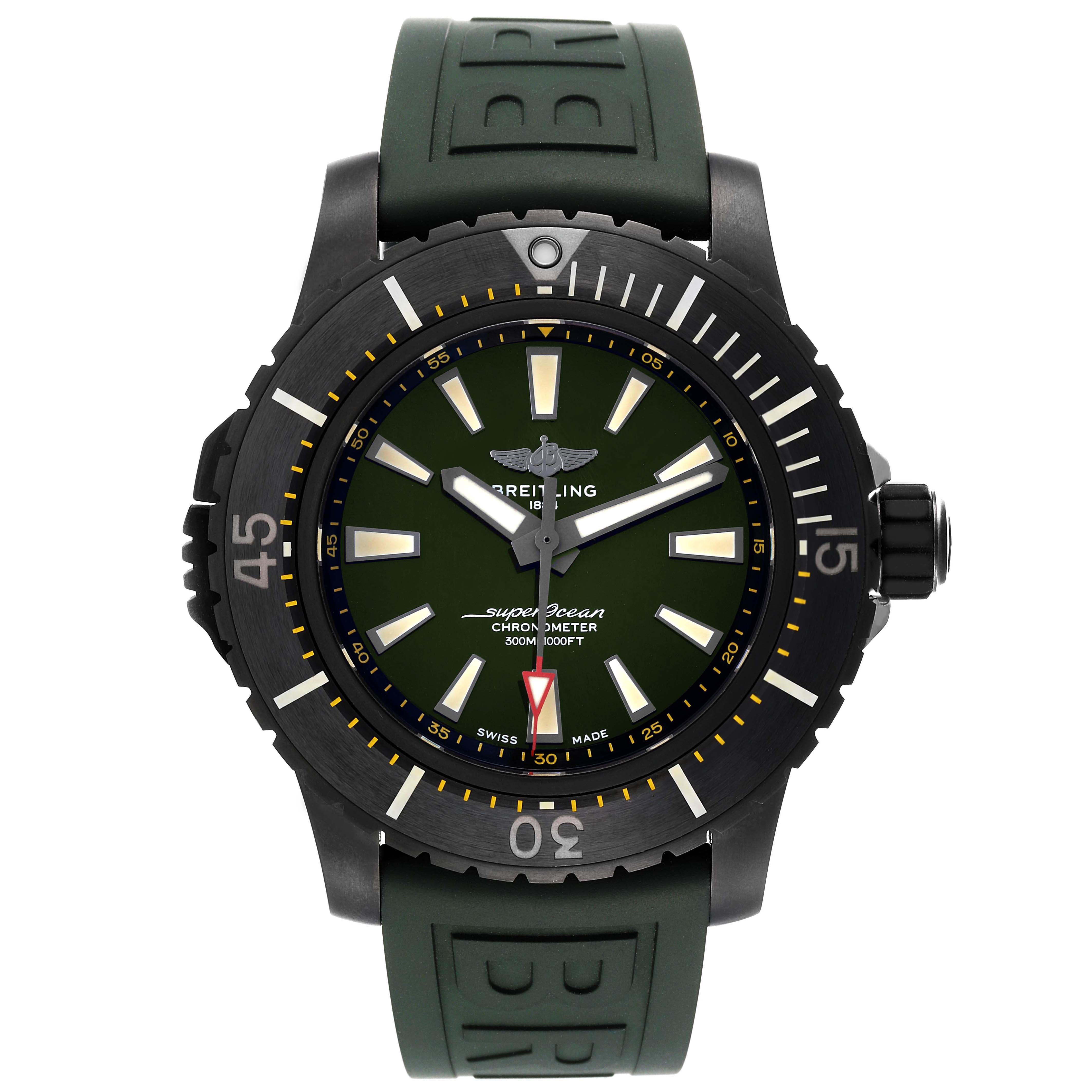 The watch is a Breitling Superocean V17369 Men's Titanium Green Dial V17369 Men's Titanium Green Dial model shown from the front, featuring a green dial, black bezel, and green strap.
