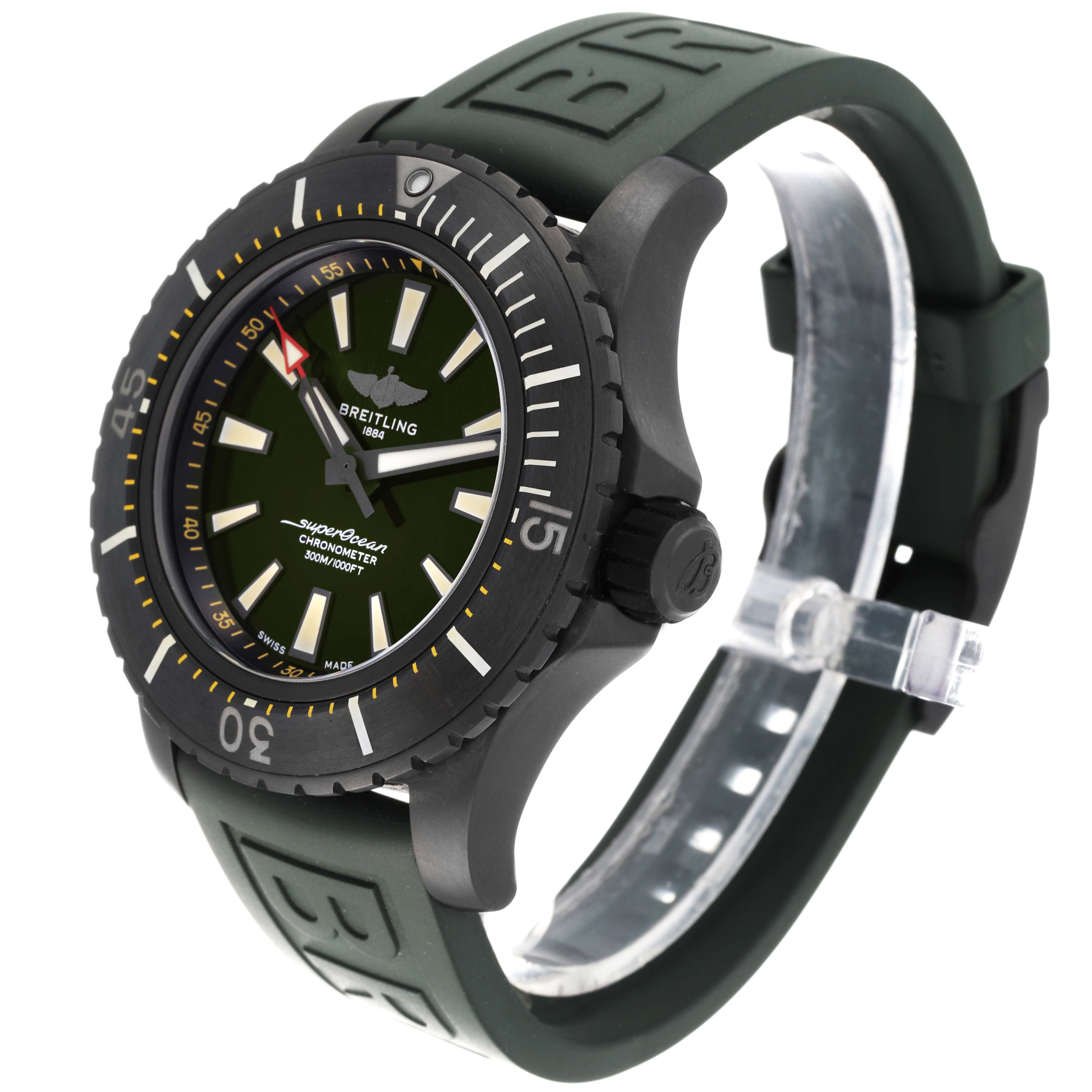 The Breitling Superocean V17369 Men's Titanium Green Dial V17369 Men's Titanium Green Dial watch is shown at a three-quarter angle, highlighting the dial, bezel, and rubber strap.