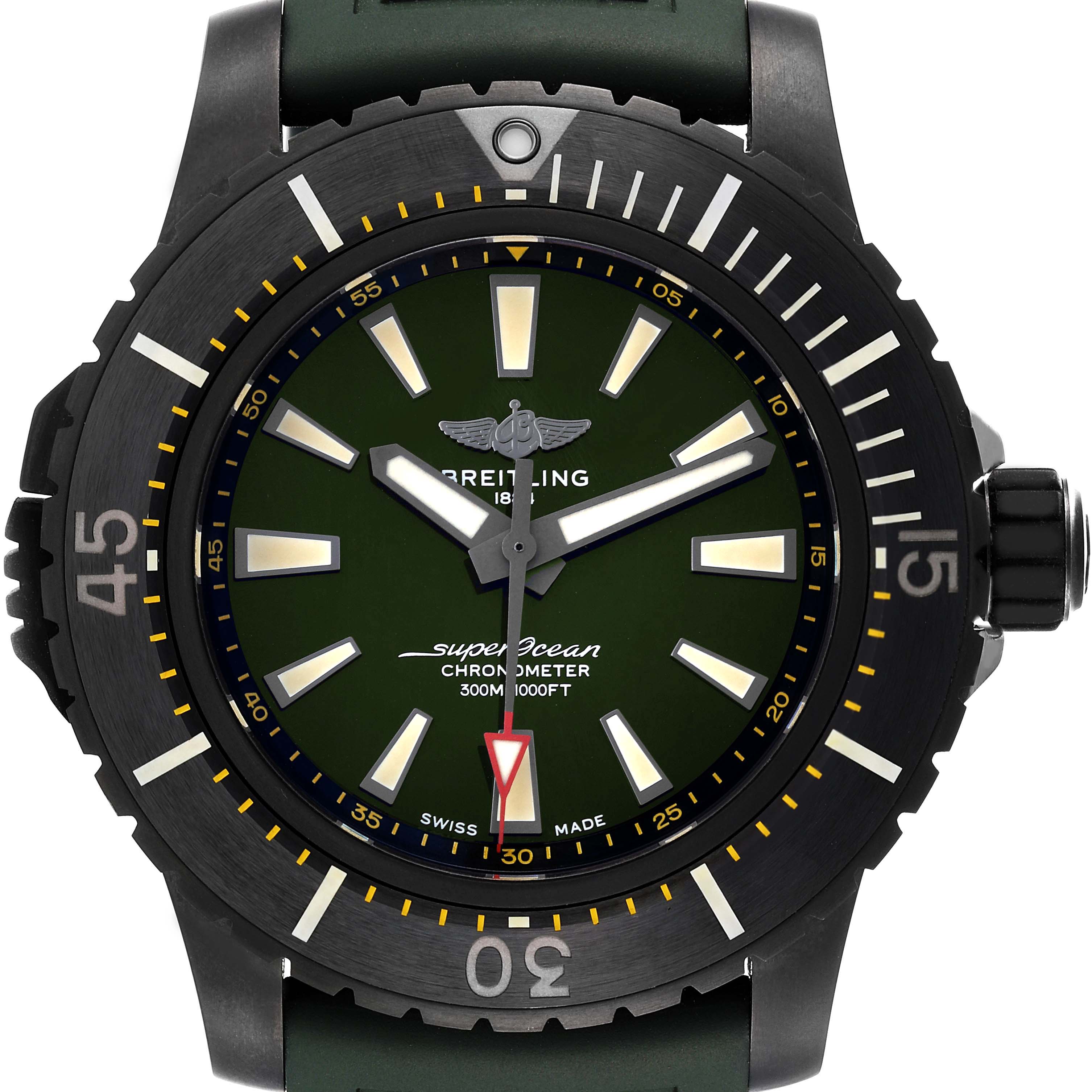 The image shows a frontal view of a Breitling Superocean V17369 Men's Titanium Green Dial V17369 Men's Titanium Green Dial watch, showcasing the dial, hands, bezel, and crown.