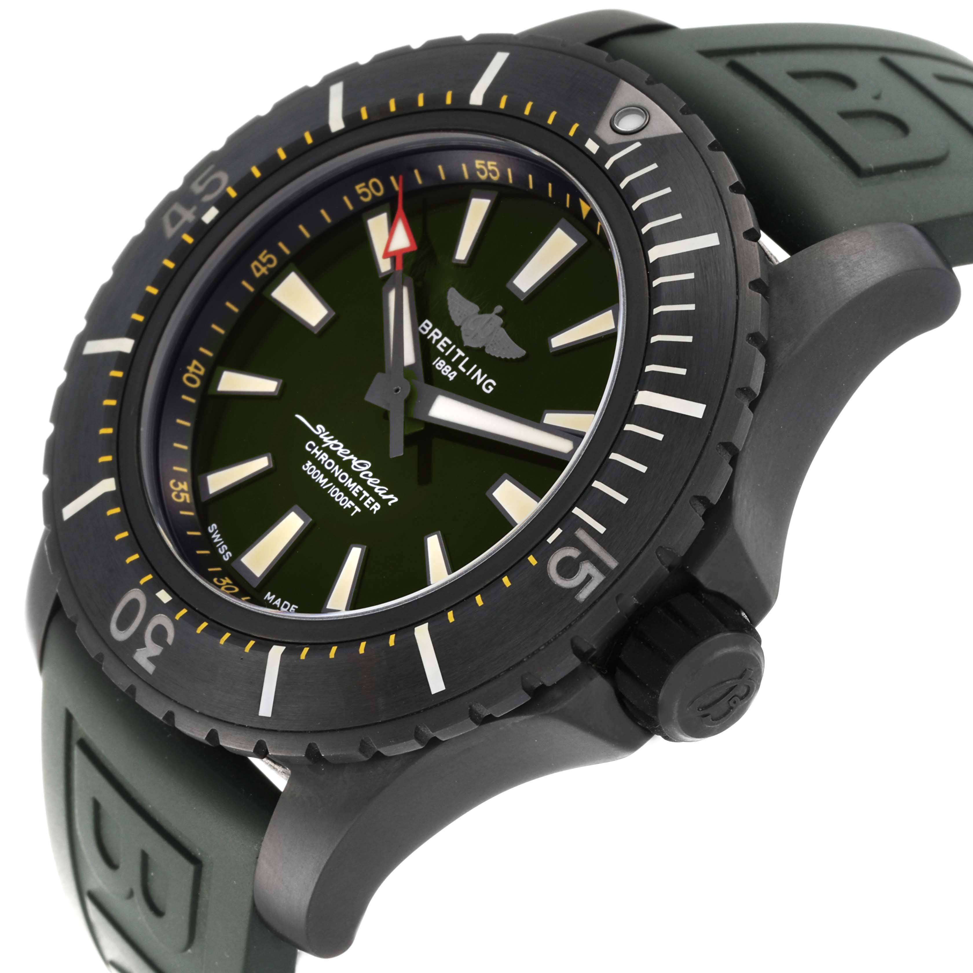 The image shows a side-angle view of a Breitling Superocean V17369 Men's Titanium Green Dial V17369 Men's Titanium Green Dial watch, highlighting the dial, bezel, crown, and part of the strap.