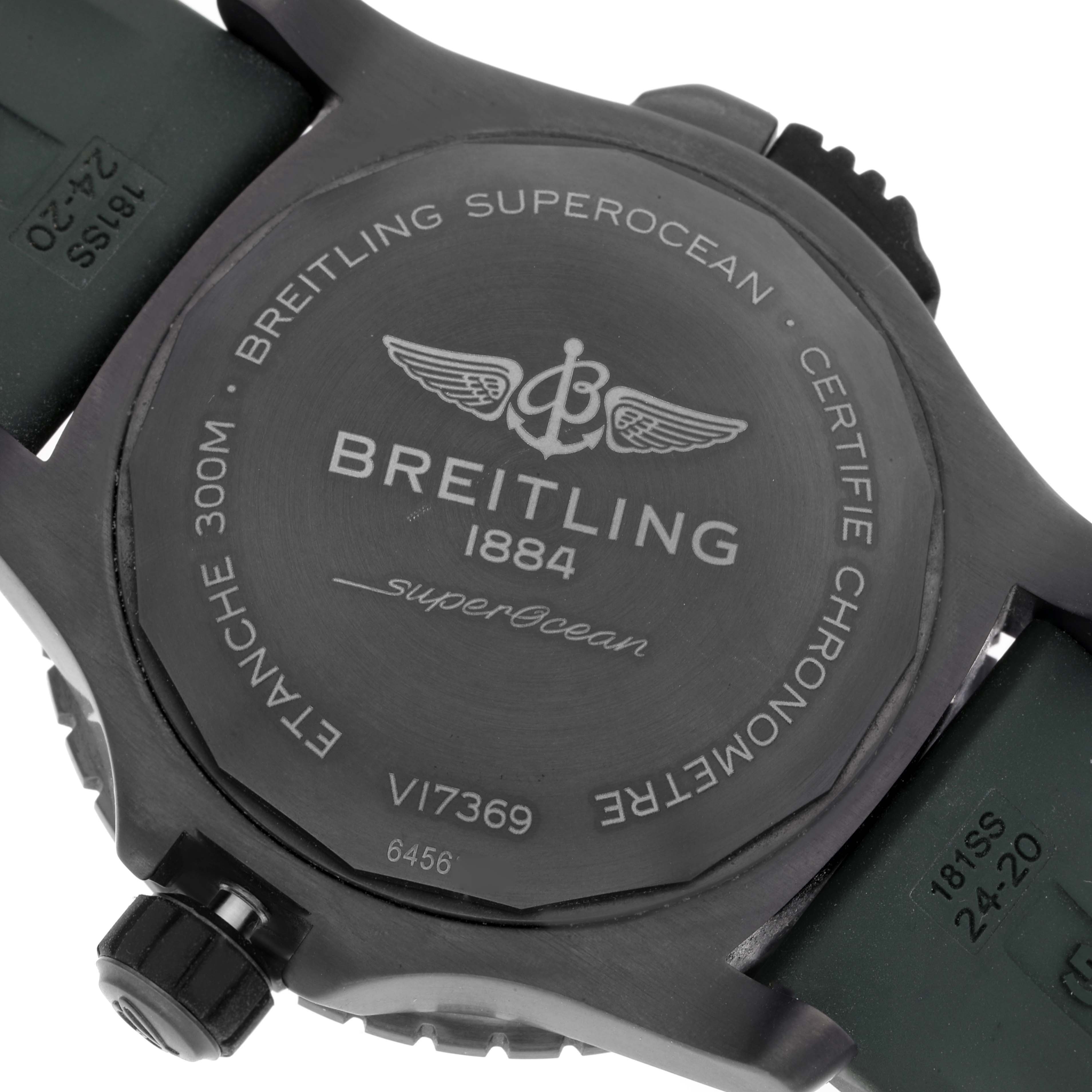 The image shows the back case and part of the strap of a Breitling Superocean V17369 Men's Titanium Green Dial V17369 Men's Titanium Green Dial watch.