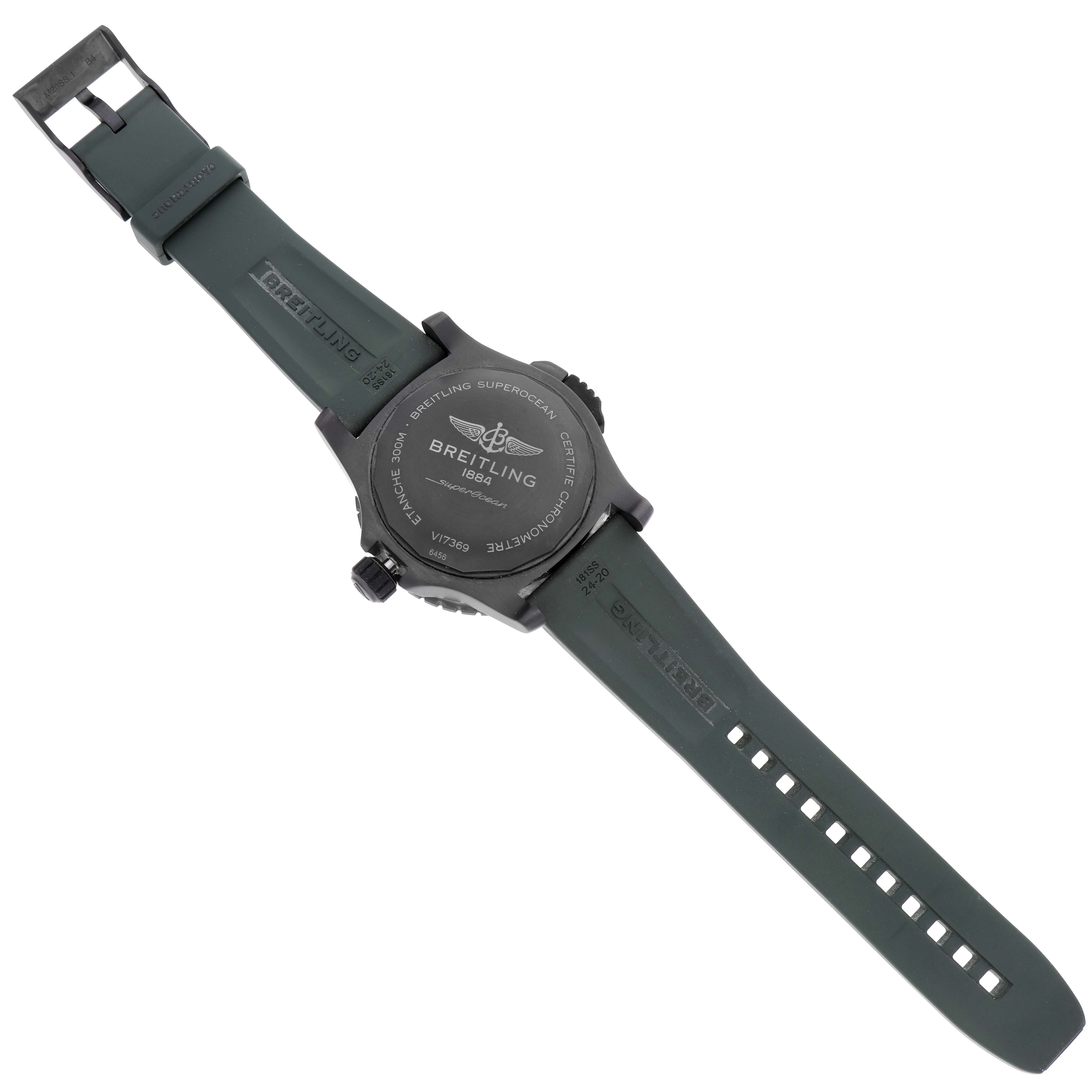 The image shows the underside of a Breitling Superocean V17369 Men's Titanium Green Dial V17369 Men's Titanium Green Dial watch, highlighting the back of the case and the strap.