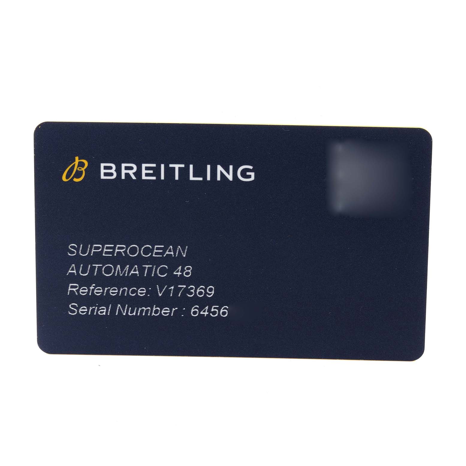The image shows a warranty or authenticity card for the Breitling Superocean V17369 Men's Titanium Green Dial V17369 Men's Titanium Green Dial Automatic 48 watch.