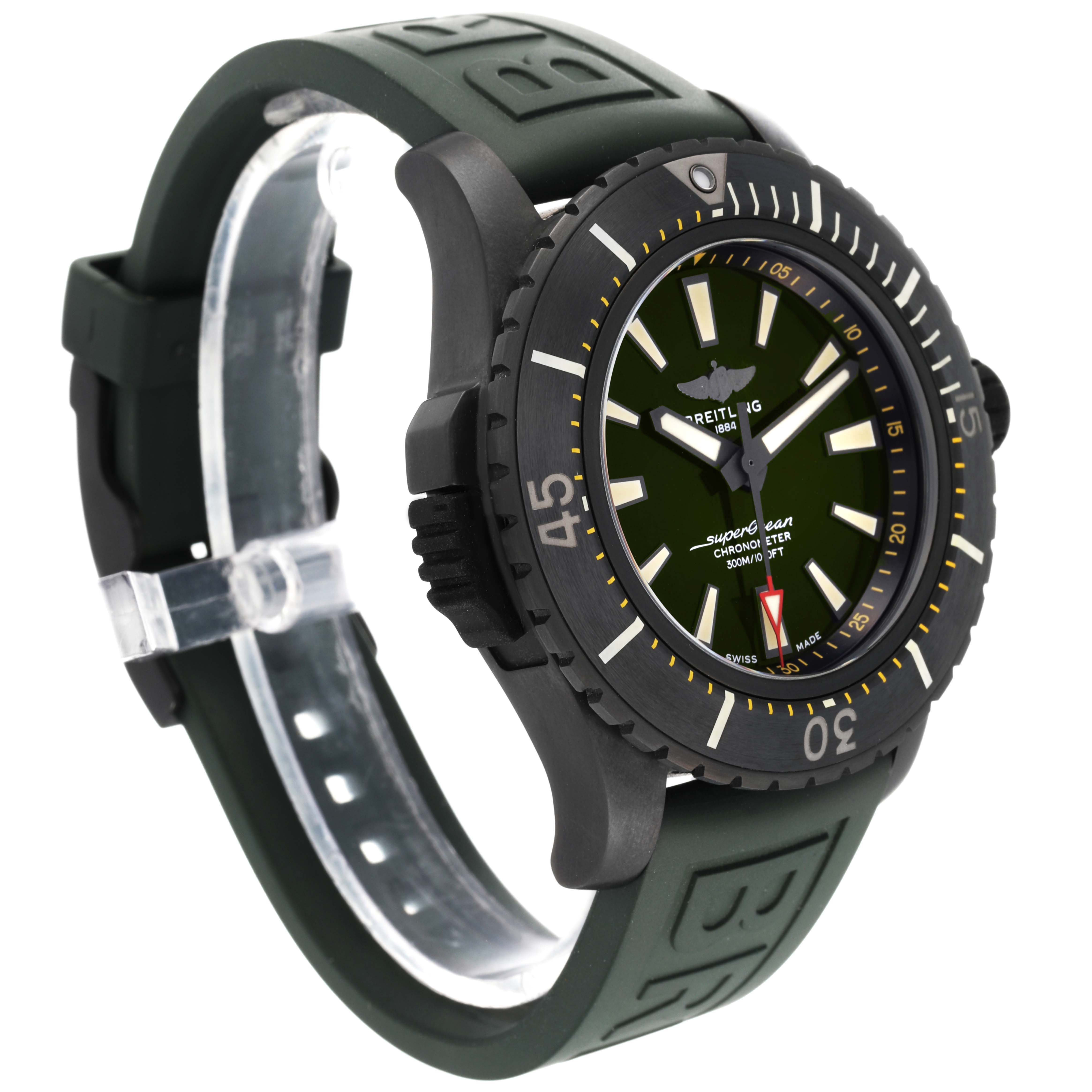 This image shows a side angle of the Breitling Superocean V17369 Men's Titanium Green Dial V17369 Men's Titanium Green Dial watch, highlighting the bezel, dial, strap, and crown.