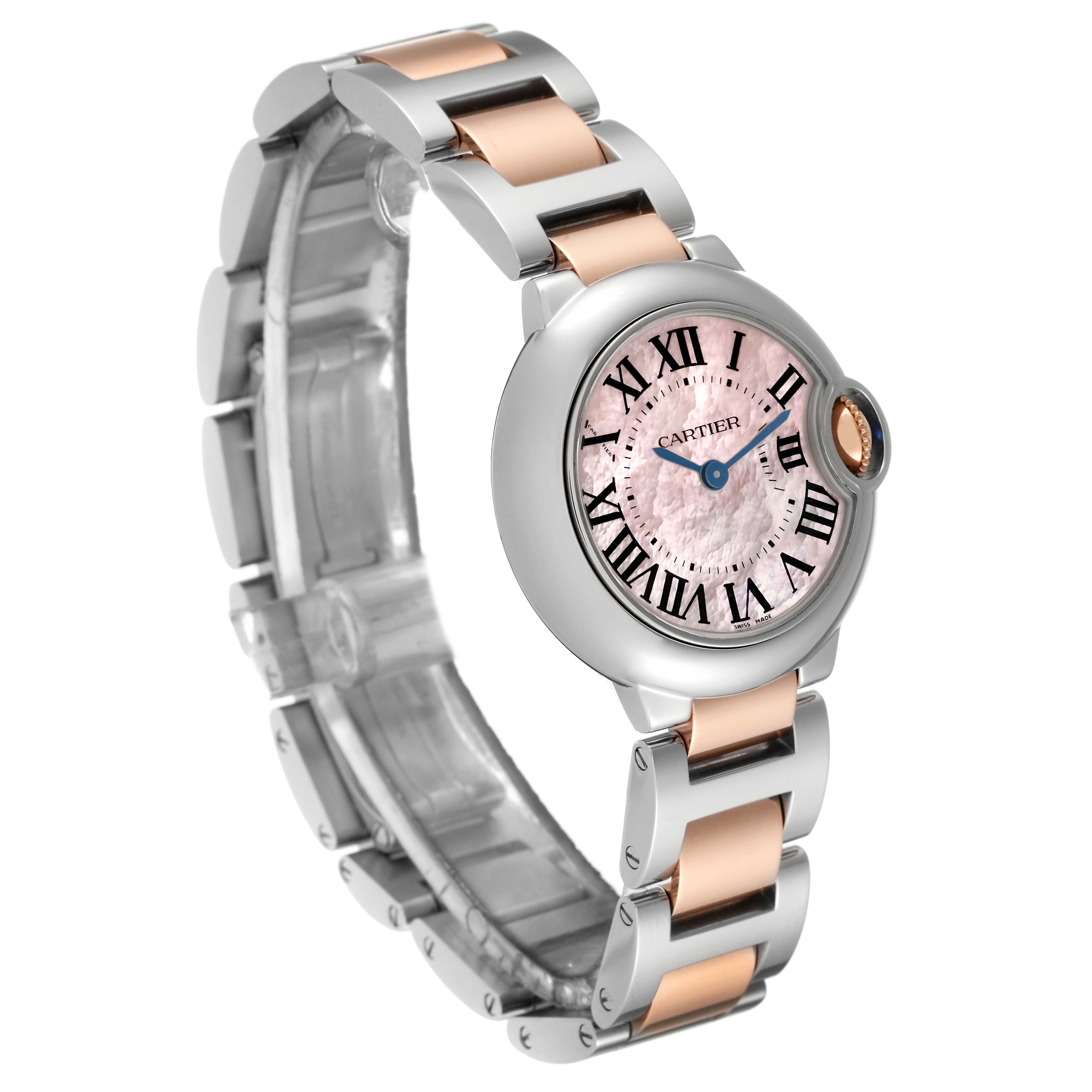 This image shows a side angle of a Cartier Ballon Bleu W6920034 Women's Steel and Gold (two tone) Mother of Pearl Dial W6920034 Women's Steel and Gold (two tone) Mother of Pearl Dial watch, displaying the dial, bracelet, and crown.