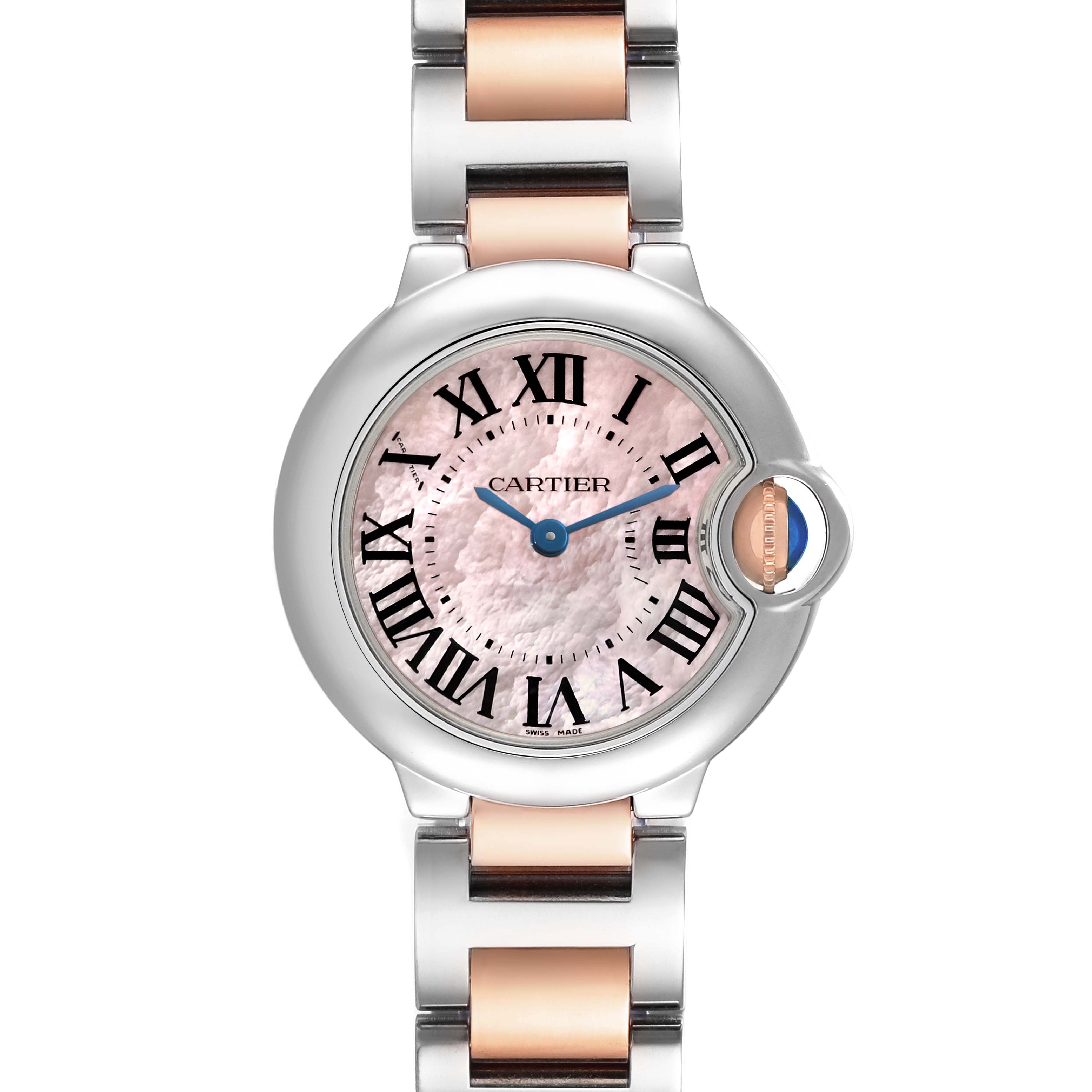 The image shows a front view of the Cartier Ballon Bleu W6920034 Women's Steel and Gold (two tone) Mother of Pearl Dial W6920034 Women's Steel and Gold (two tone) Mother of Pearl Dial watch, highlighting its face, Roman numerals, and two-tone bracelet.