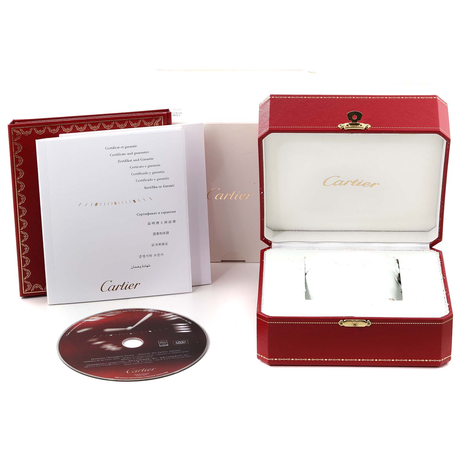 The image shows the packaging, manuals, a CD, and an open red box for the Cartier Ballon Bleu W6920034 Women's Steel and Gold (two tone) Mother of Pearl Dial W6920034 Women's Steel and Gold (two tone) Mother of Pearl Dial watch.