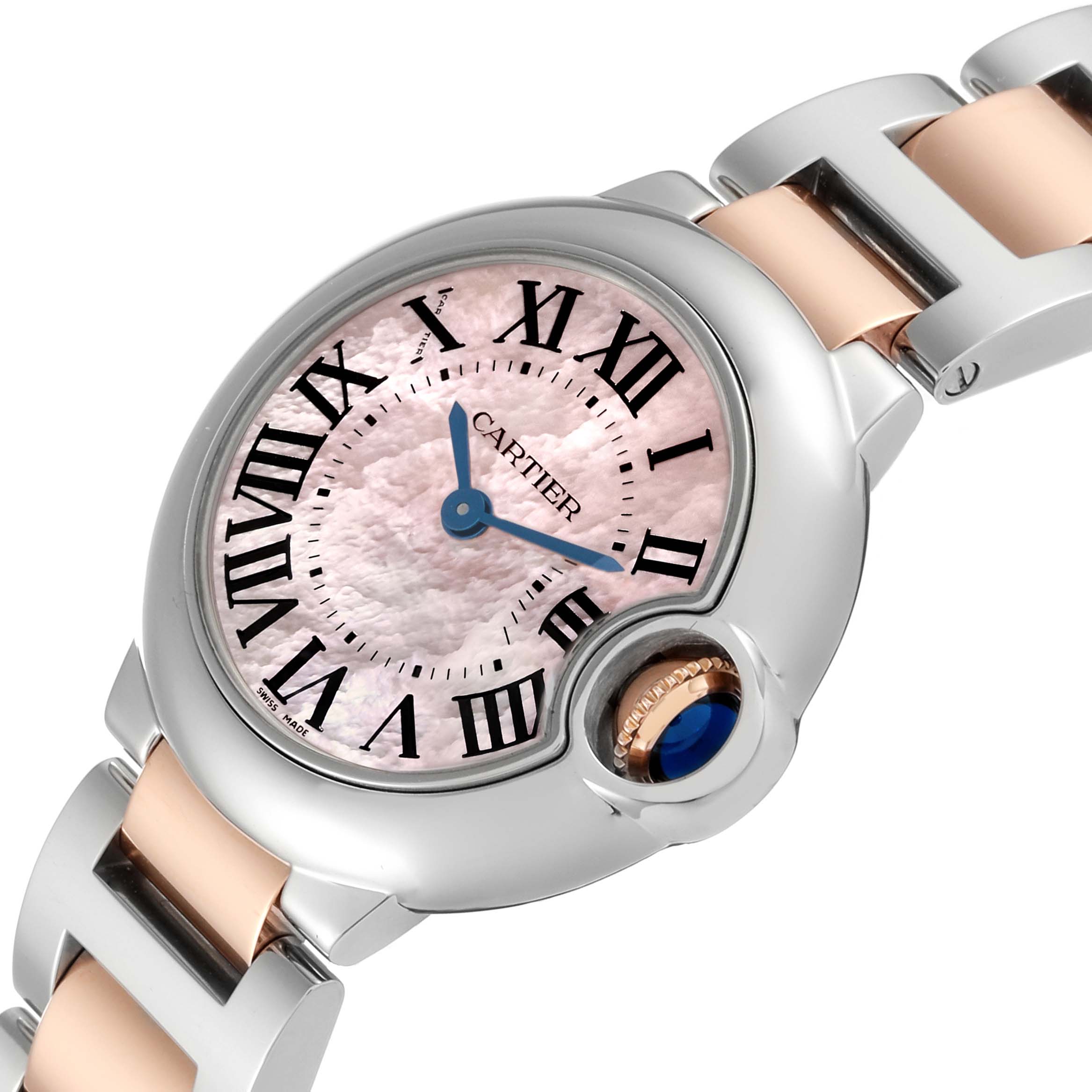 The Cartier Ballon Bleu W6920034 Women's Steel and Gold (two tone) Mother of Pearl Dial W6920034 Women's Steel and Gold (two tone) Mother of Pearl Dial watch is shown from a top angle, highlighting its face, Roman numerals, and part of its metal bracelet.