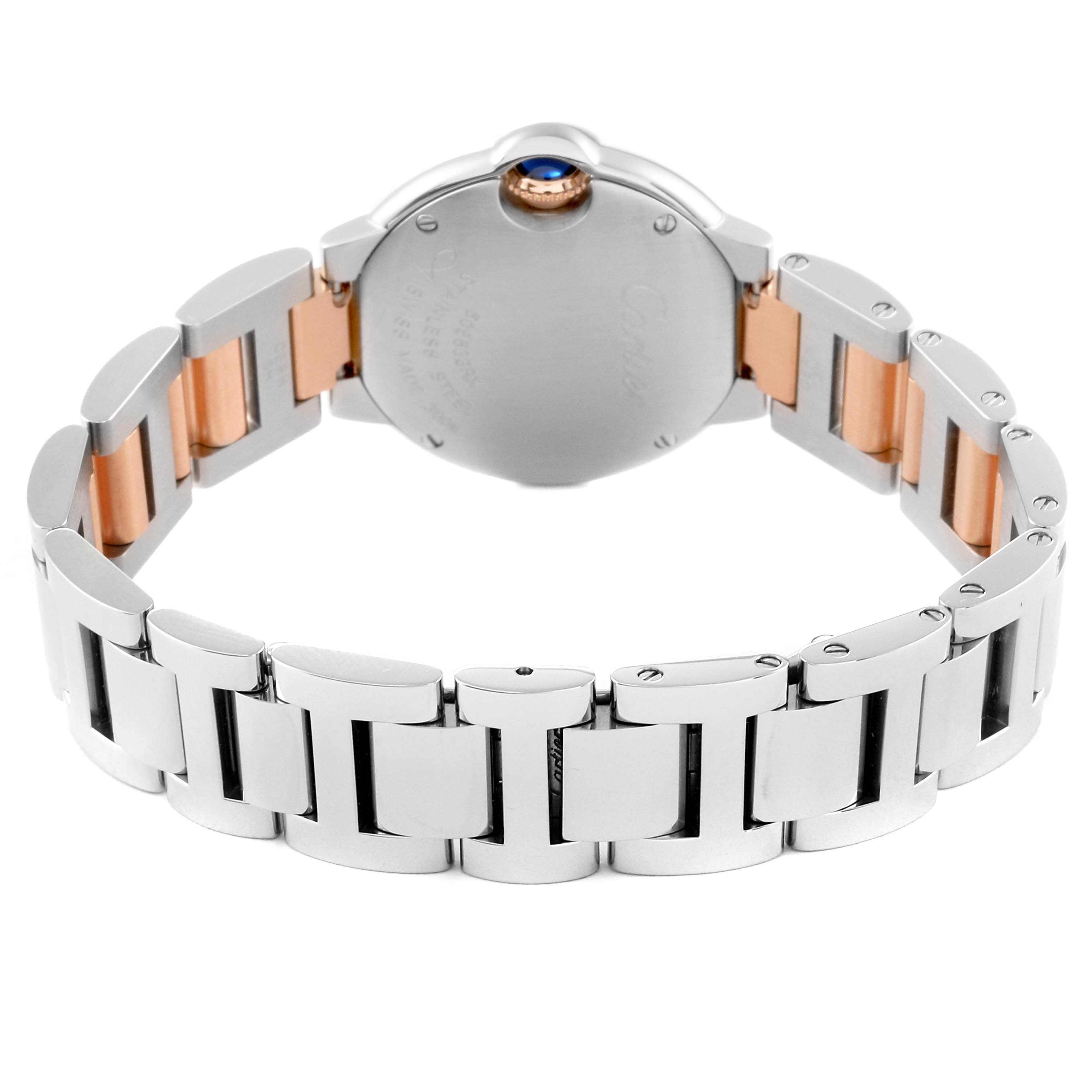 The image shows the back side and bracelet of a Cartier Ballon Bleu W6920034 Women's Steel and Gold (two tone) Mother of Pearl Dial W6920034 Women's Steel and Gold (two tone) Mother of Pearl Dial watch, revealing its two-tone metal design.
