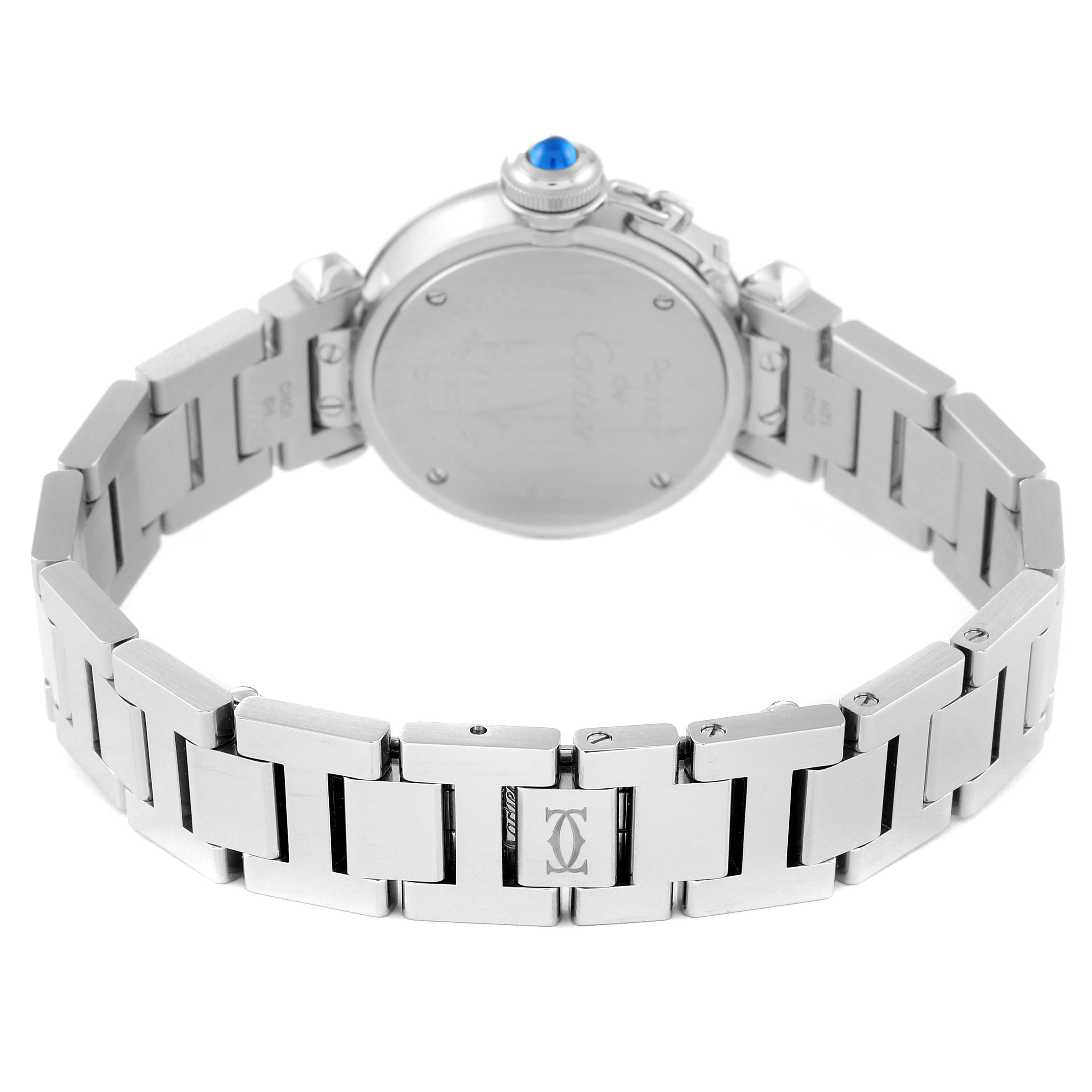 The image shows the rear view of a Cartier Pasha W3140024 Women's Stainless Steel Blue Dial W3140024 Women's Stainless Steel Blue Dial watch, highlighting its metal bracelet and case back.