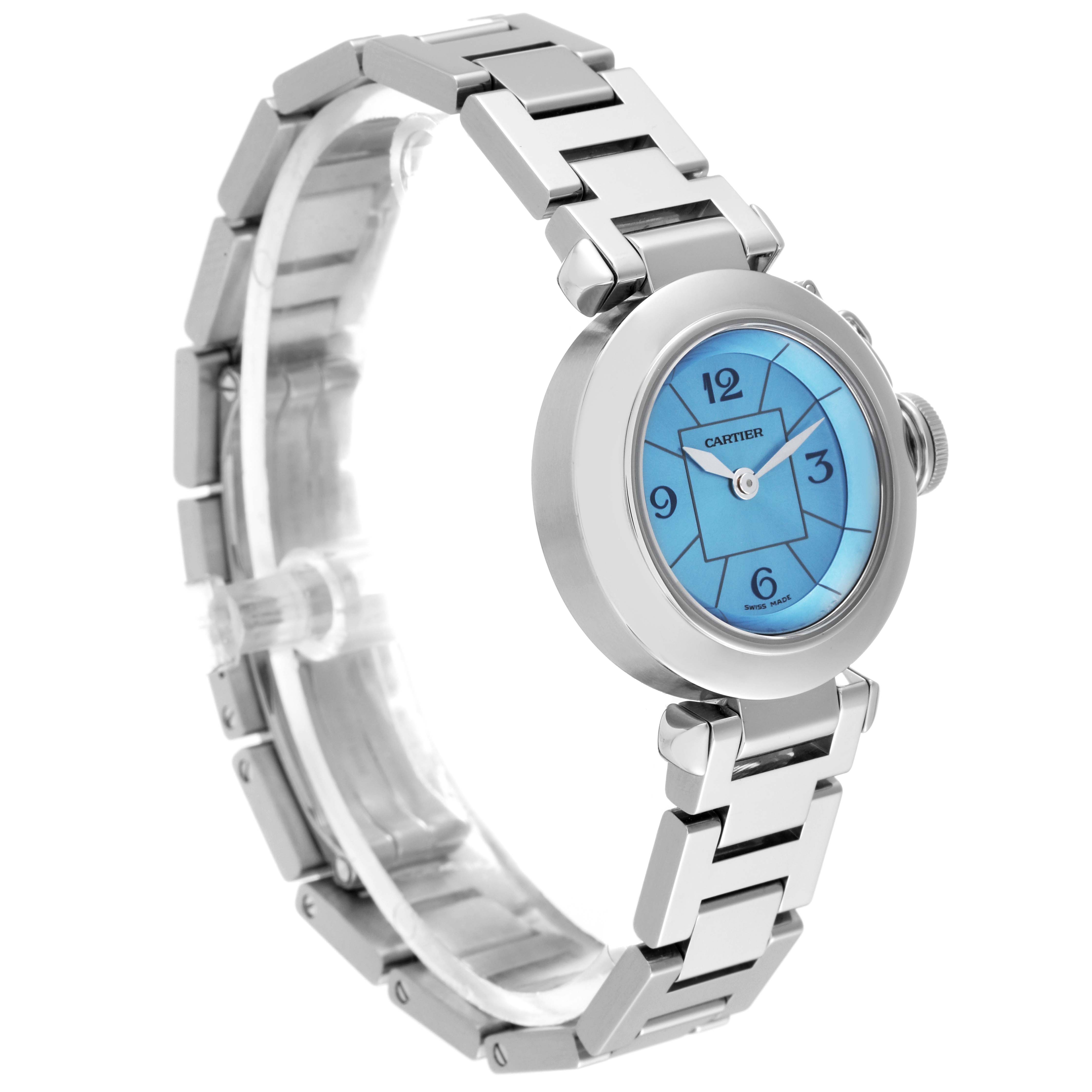 The image shows a side view of a Cartier Pasha W3140024 Women's Stainless Steel Blue Dial W3140024 Women's Stainless Steel Blue Dial watch with a blue dial and stainless steel bracelet.