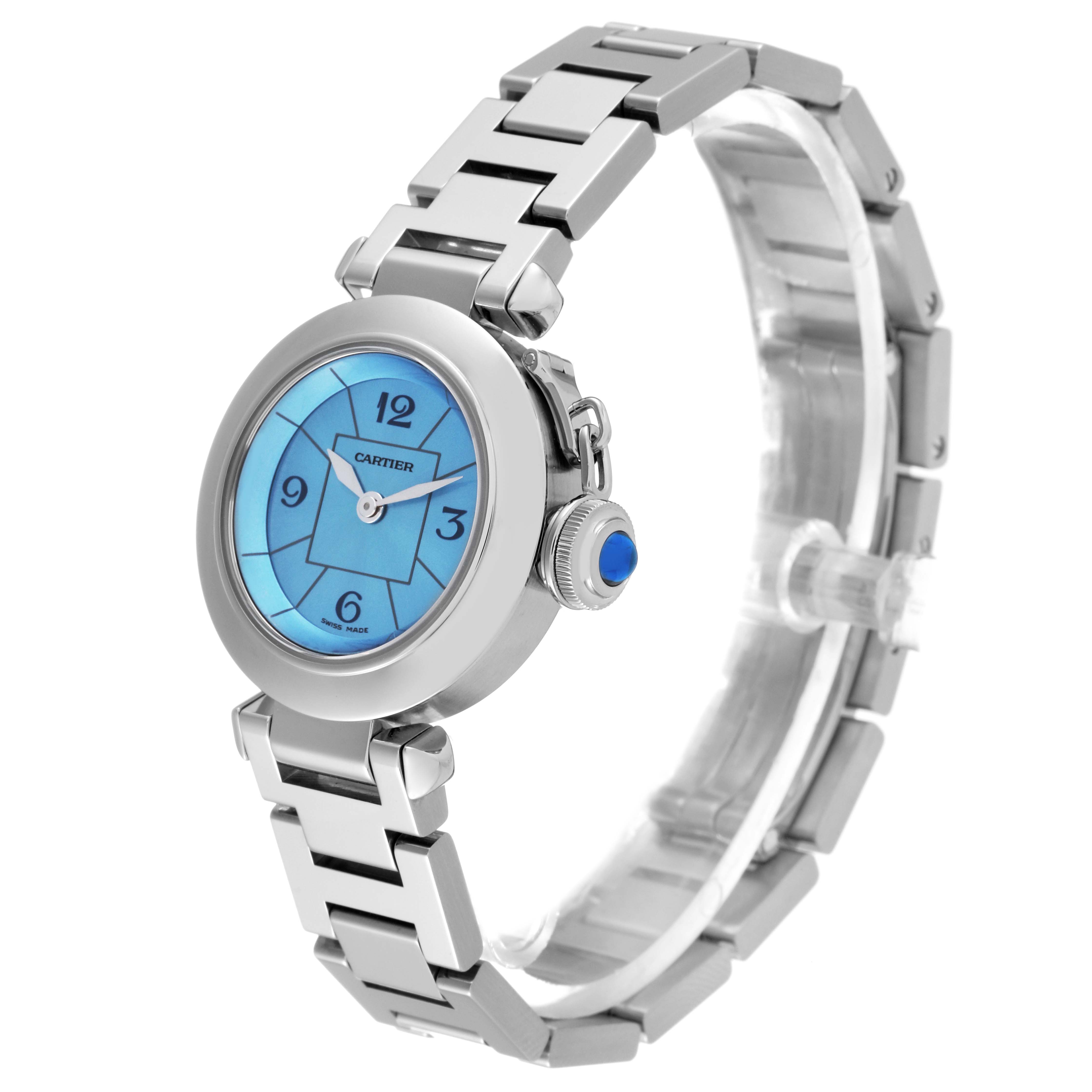 This image displays a Cartier Pasha W3140024 Women's Stainless Steel Blue Dial W3140024 Women's Stainless Steel Blue Dial watch at a three-quarter angle, showcasing the face, bezel, crown, and stainless steel bracelet.