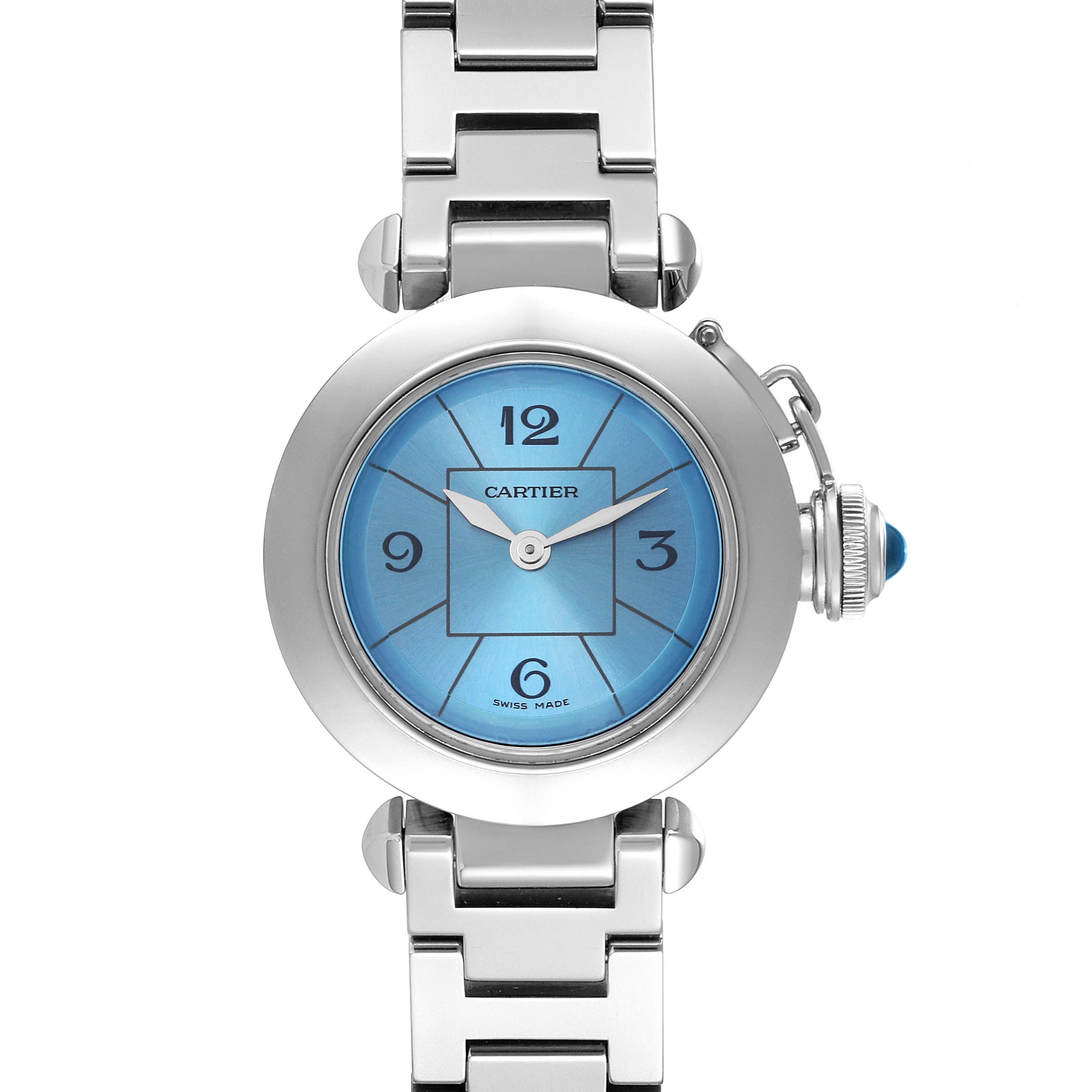 The image shows a front view of the Cartier Pasha W3140024 Women's Stainless Steel Blue Dial W3140024 Women's Stainless Steel Blue Dial watch, focusing on its blue dial, stainless steel case, and bracelet.