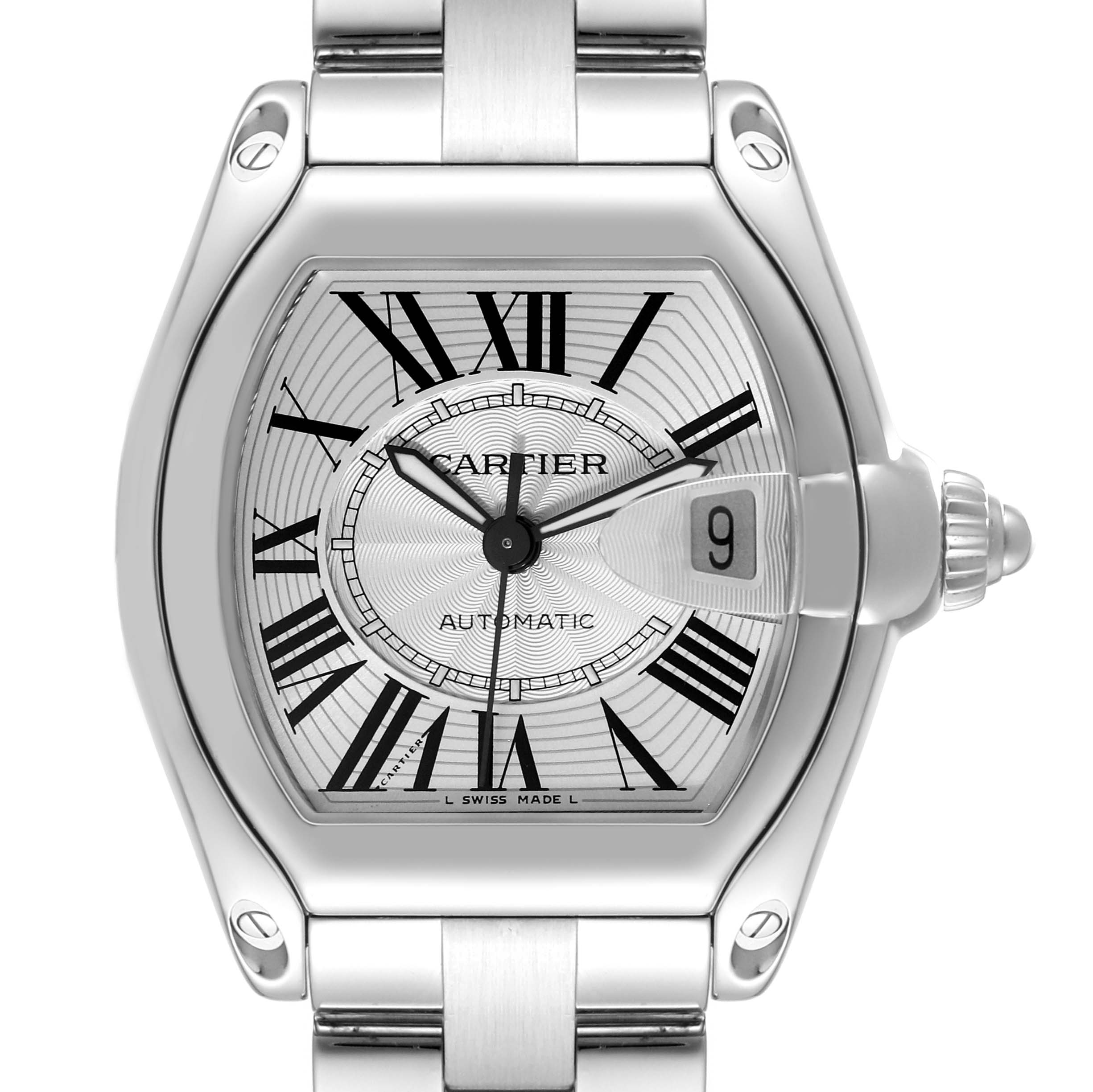 This image shows a front view of the Cartier Roadster W62025V3 Men's Stainless Steel Silver Dial W62025V3 Men's Stainless Steel Silver Dial watch, displaying the face, case, crown, and part of the bracelet.