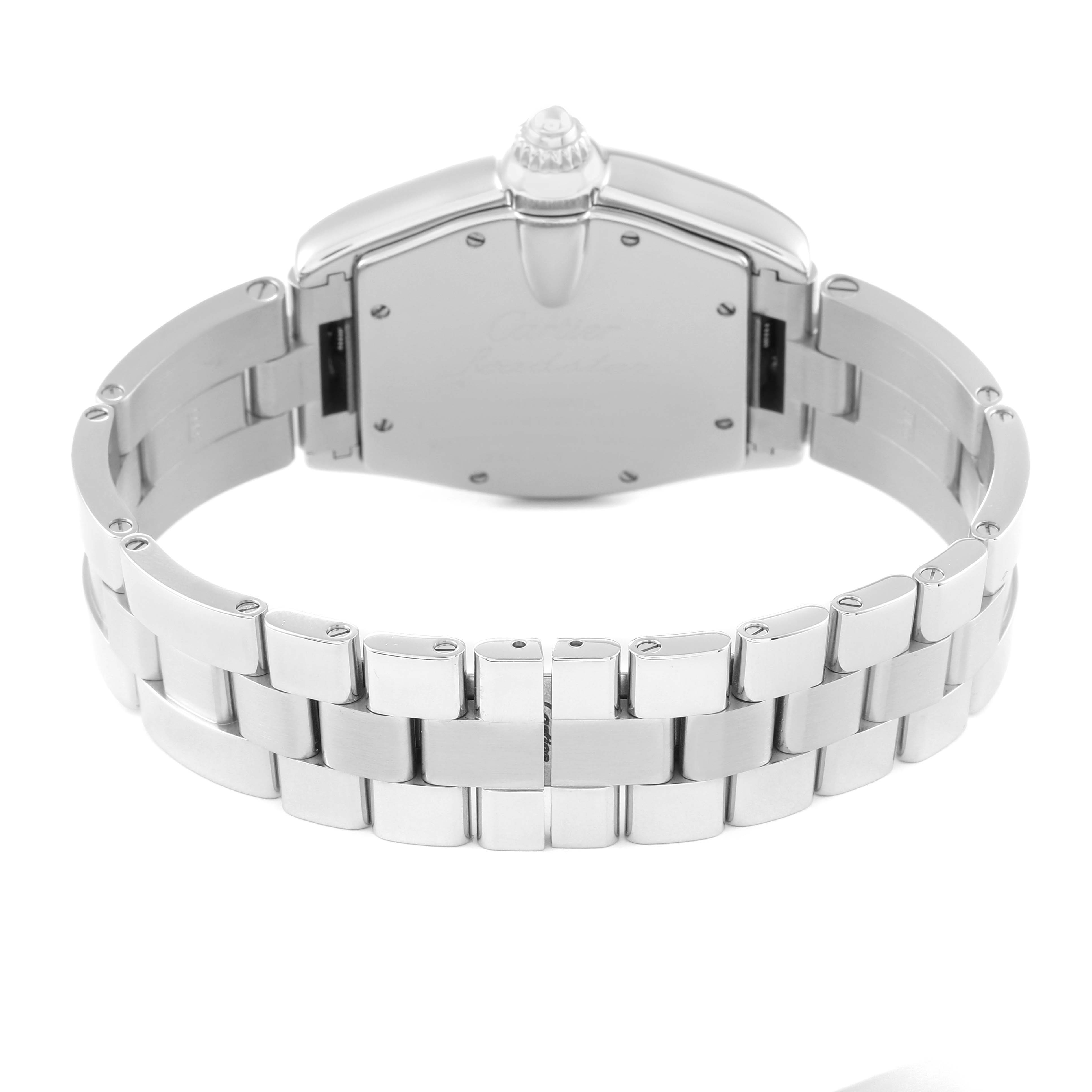 The image shows the back view and bracelet of the Cartier Roadster W62025V3 Men's Stainless Steel Silver Dial W62025V3 Men's Stainless Steel Silver Dial watch.