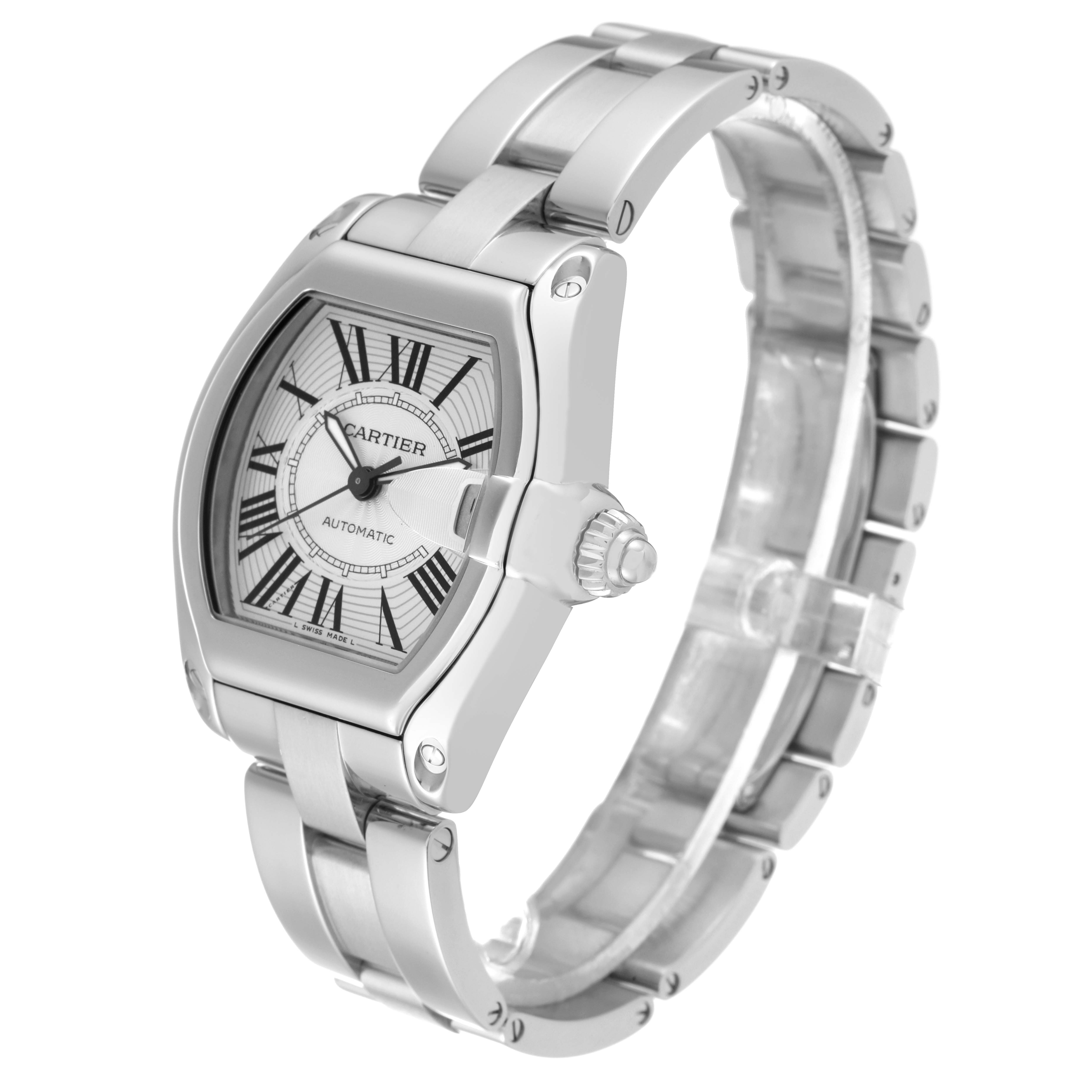 The image shows a Cartier Roadster W62025V3 Men's Stainless Steel Silver Dial W62025V3 Men's Stainless Steel Silver Dial watch angled to display its face, bezel, crown, and bracelet.