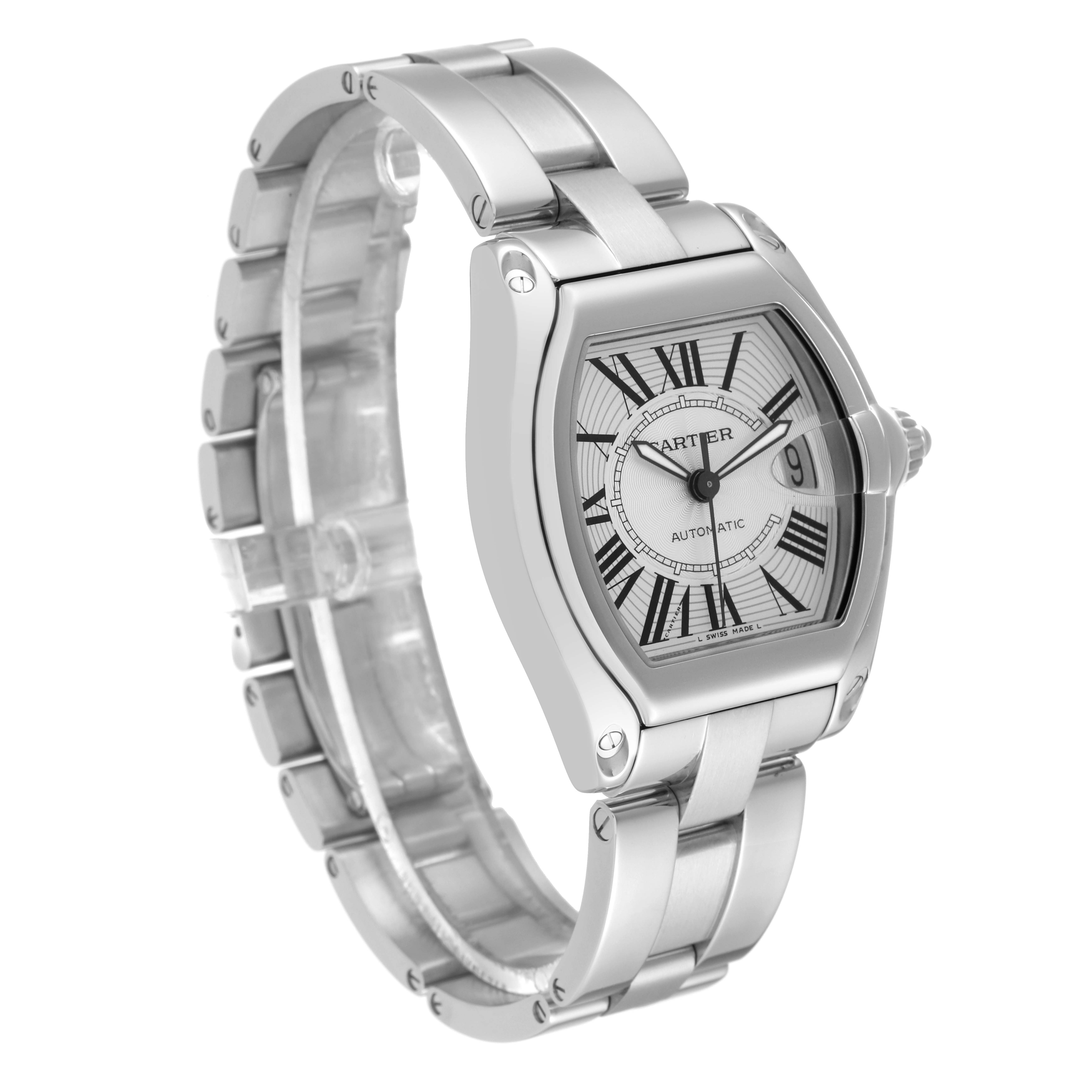The image shows a Cartier Roadster W62025V3 Men's Stainless Steel Silver Dial W62025V3 Men's Stainless Steel Silver Dial watch tilted at a three-quarter angle, highlighting its face, crown, and bracelet.