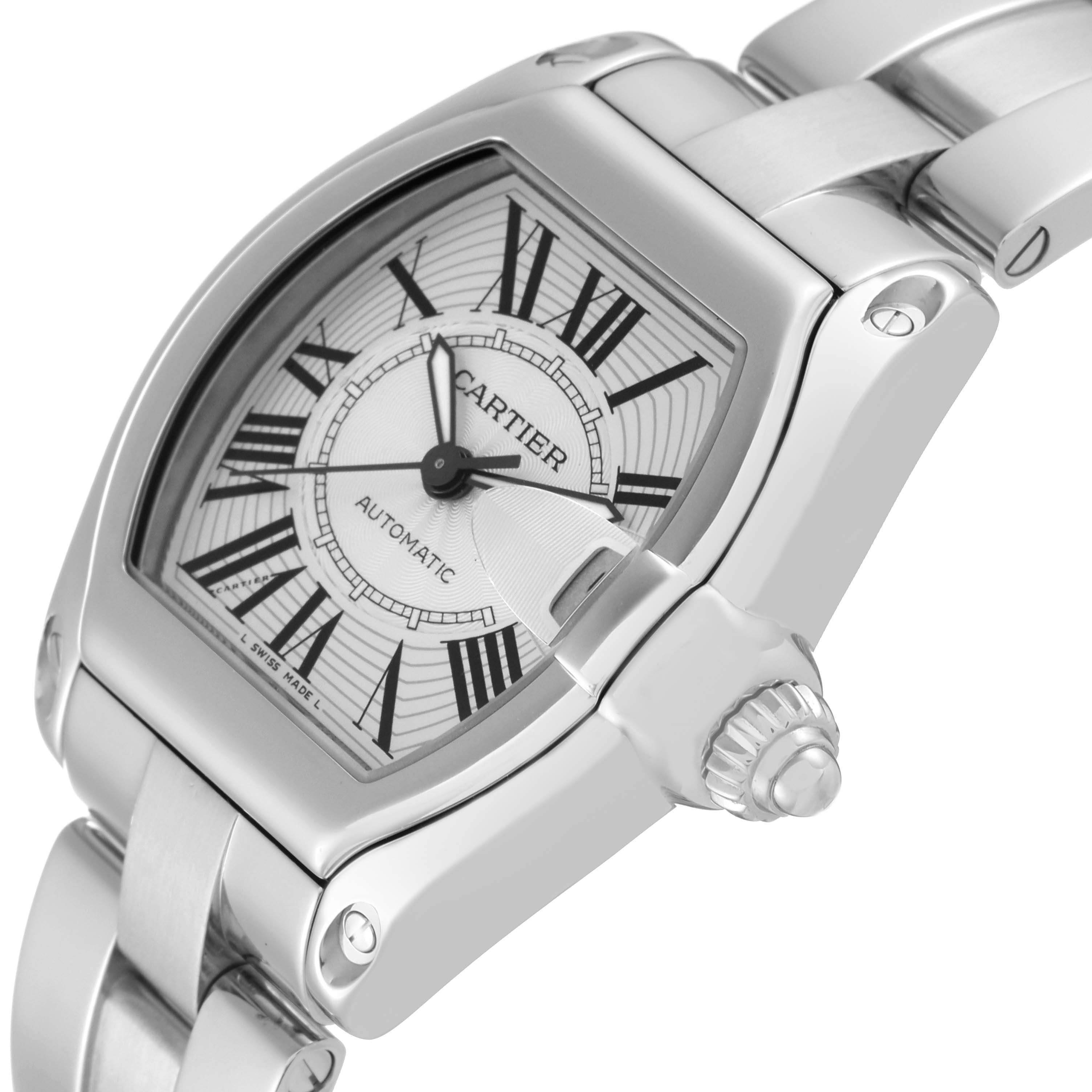 The image displays a close-up of the Cartier Roadster W62025V3 Men's Stainless Steel Silver Dial W62025V3 Men's Stainless Steel Silver Dial watch, showcasing its face, bezel, and part of the bracelet.