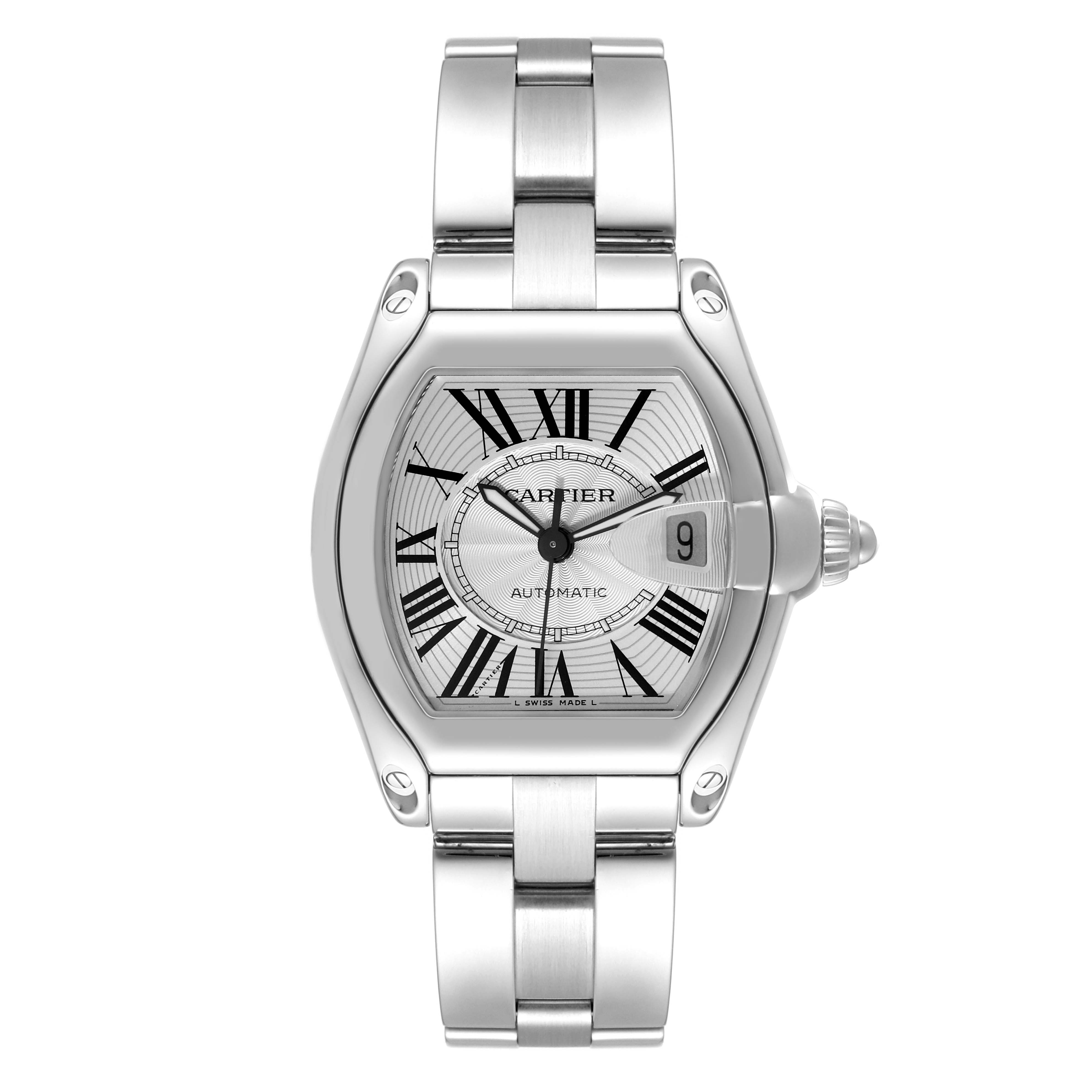 This image shows a frontal view of the Cartier Roadster W62025V3 Men's Stainless Steel Silver Dial W62025V3 Men's Stainless Steel Silver Dial model watch, displaying its face and stainless steel bracelet.