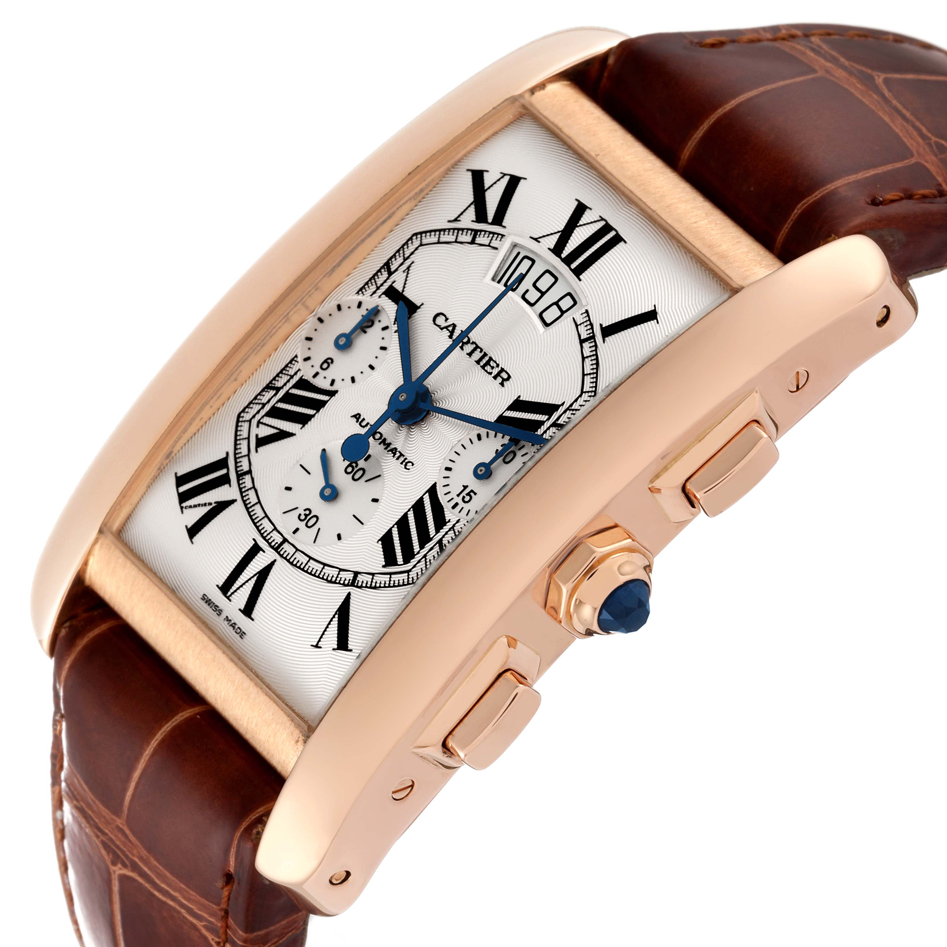 The Cartier Tank Americaine W2610751 Men
s Rose Gold Silver Dial W2610751 Men
s Rose Gold Silver Dial watch is shown at a slight angle, highlighting its face, case, crown, and part of the leather strap.