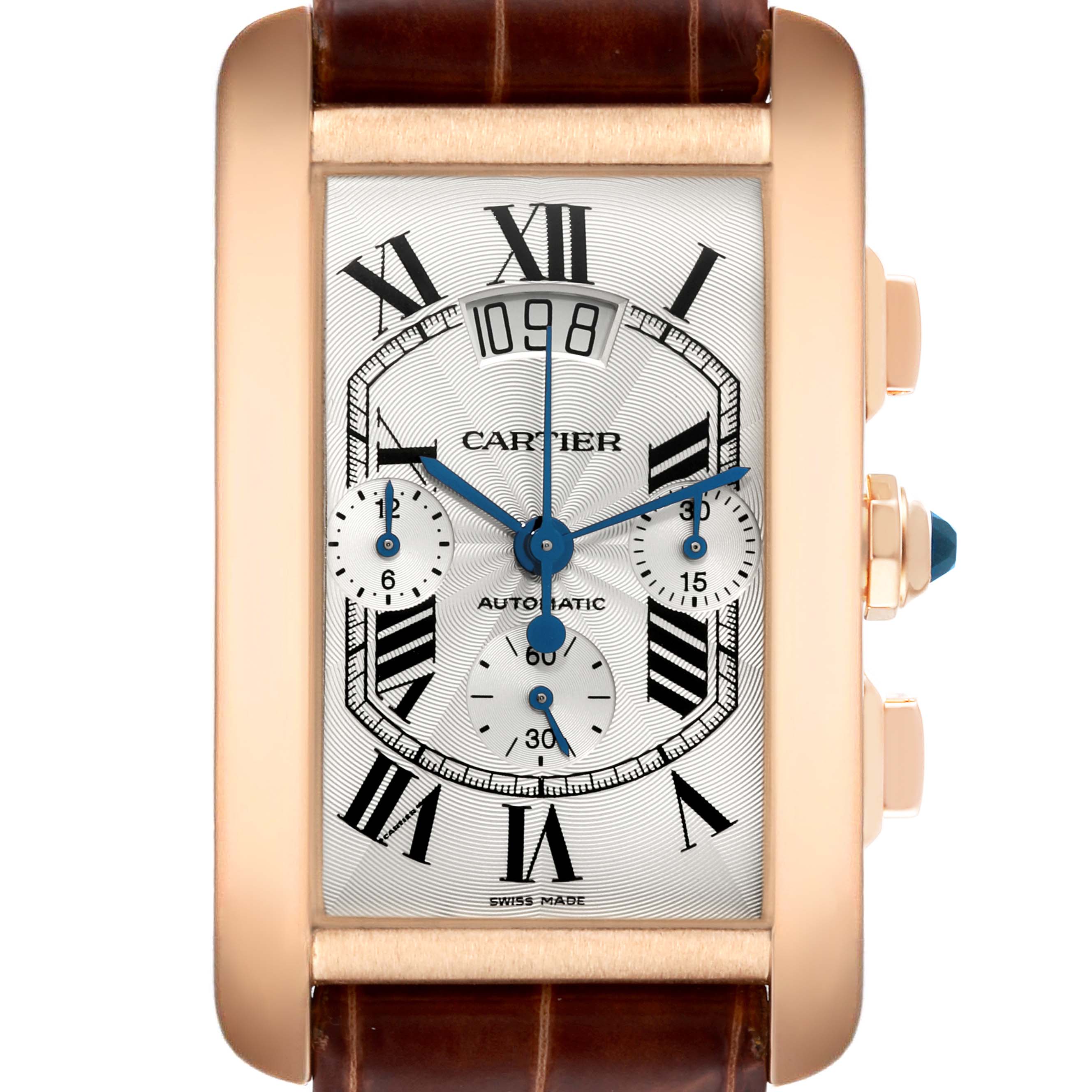 The image shows a front view of the Cartier Tank Americaine W2610751 Men
s Rose Gold Silver Dial W2610751 Men
s Rose Gold Silver Dial watch, displaying its face, Roman numerals, and subdials.