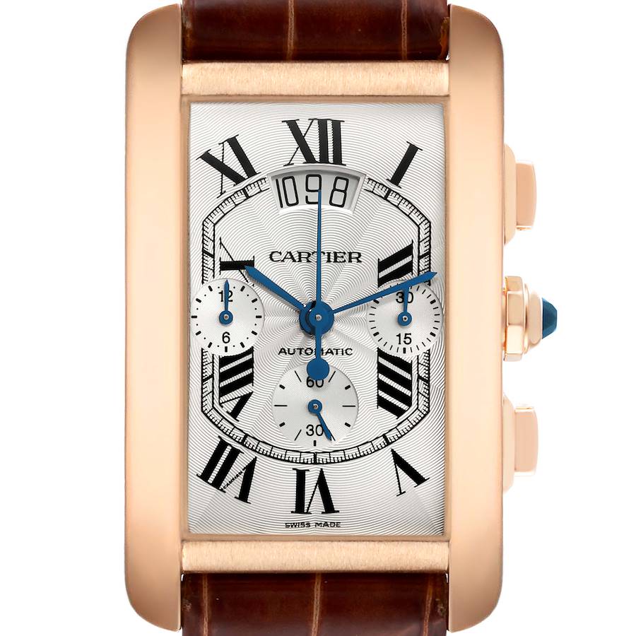 Cartier Tank Americaine XL Chronograph Rose Gold Mens Watch W2610751 Box Card SwissWatchExpo