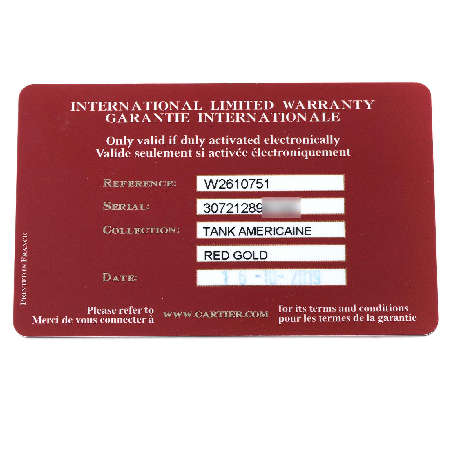 The image shows the international limited warranty card for a Cartier Tank Americaine W2610751 Men
s Rose Gold Silver Dial W2610751 Men
s Rose Gold Silver Dial watch model.