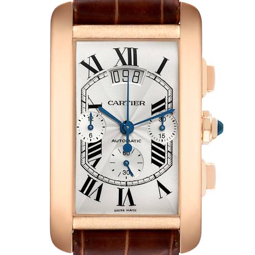 Photo of Cartier Tank Americaine XL Chronograph Rose Gold Mens Watch W2610751 Box Card
