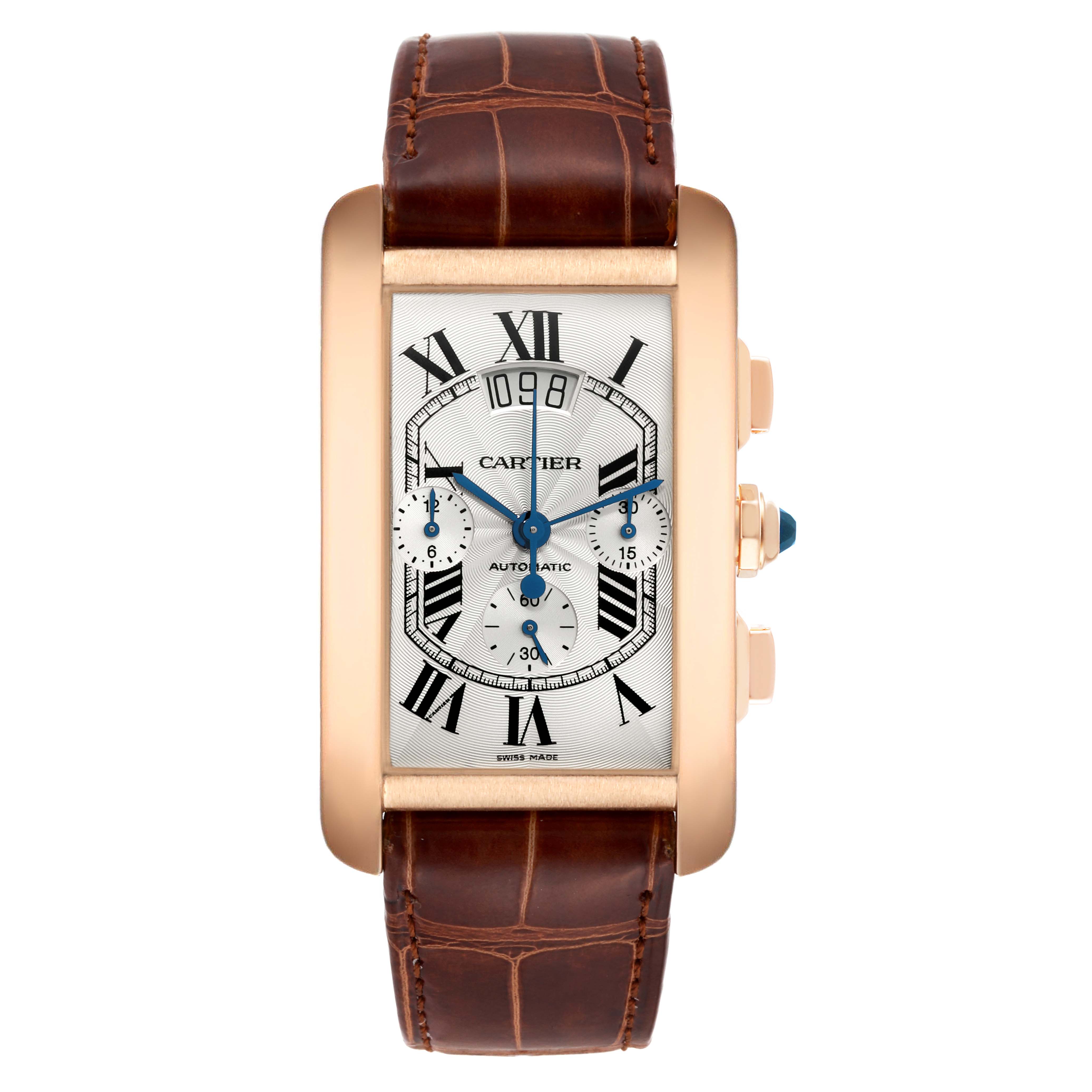 The image shows a Cartier Tank Americaine W2610751 Men
s Rose Gold Silver Dial W2610751 Men
s Rose Gold Silver Dial watch from a front view, displaying its rectangular dial, roman numerals, and leather strap.