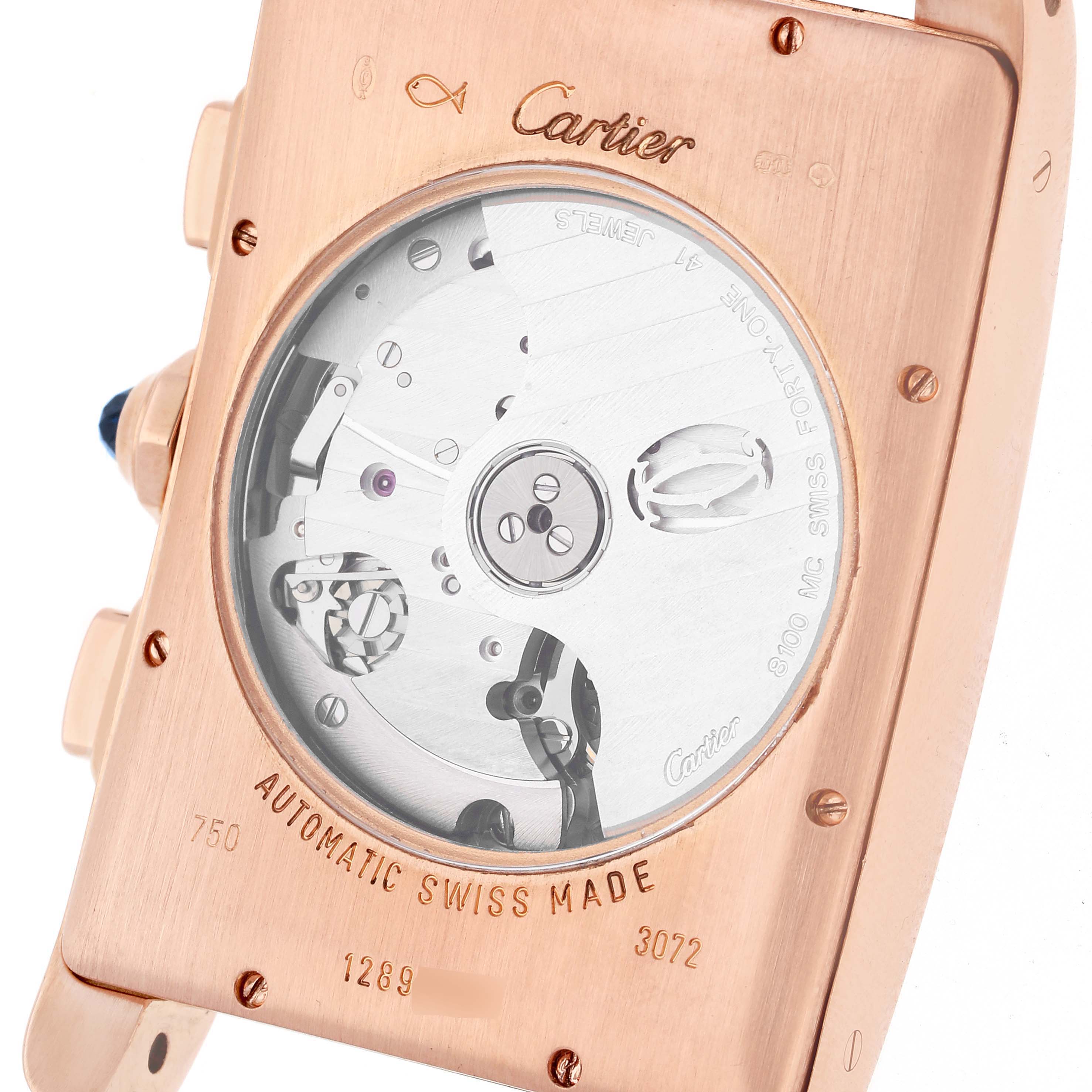 This is a rear view of a Cartier Tank Américaine watch showcasing its exposed automatic movement.