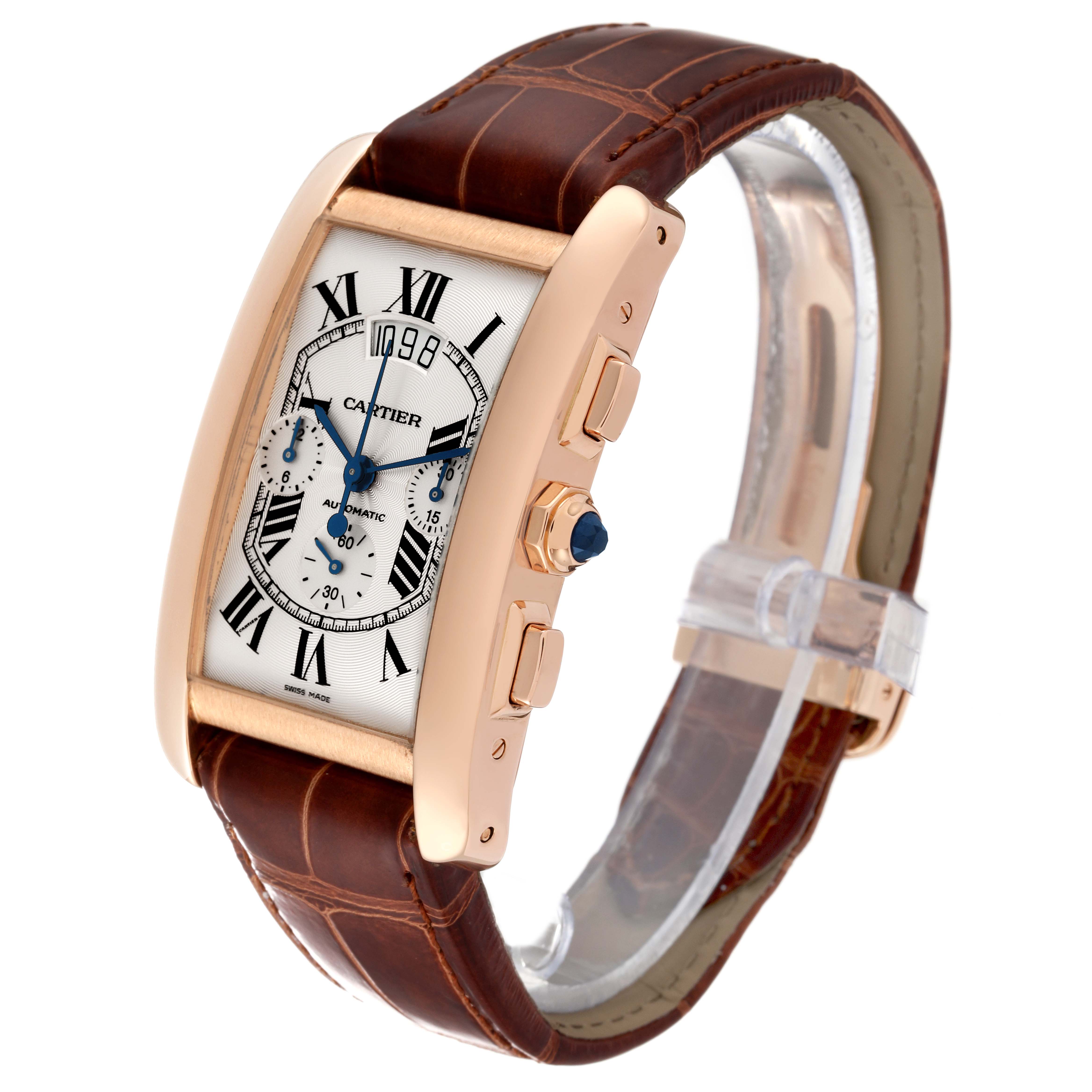 The image shows a Cartier Tank Americaine W2610751 Men
s Rose Gold Silver Dial W2610751 Men
s Rose Gold Silver Dial watch at a three-quarter angle, highlighting its face, side buttons, and brown leather strap.