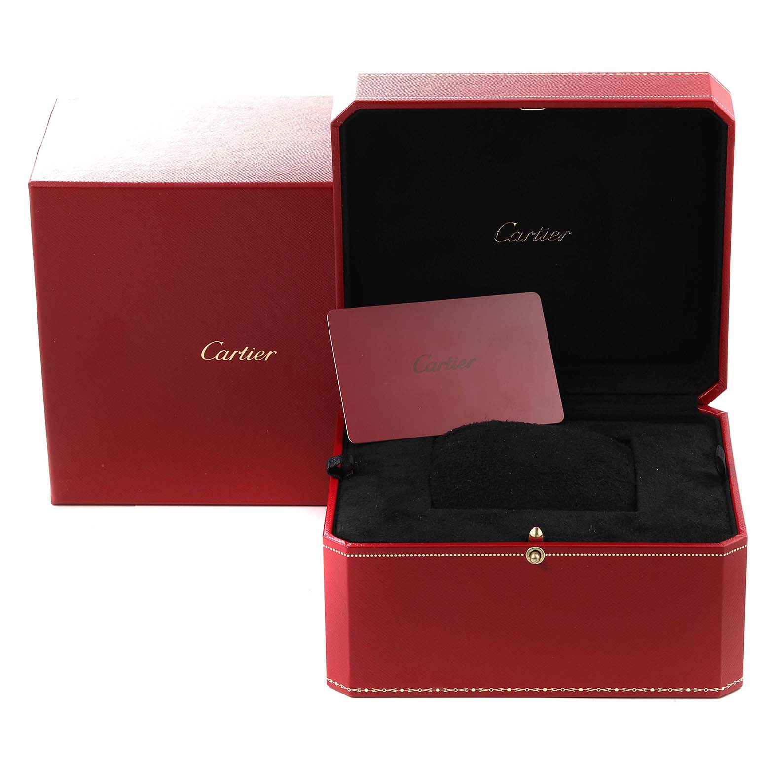 The image shows the packaging accessories for a Cartier Tank Americaine W2610751 Men
s Rose Gold Silver Dial W2610751 Men
s Rose Gold Silver Dial watch, including the red box and Best Quality
ity card.