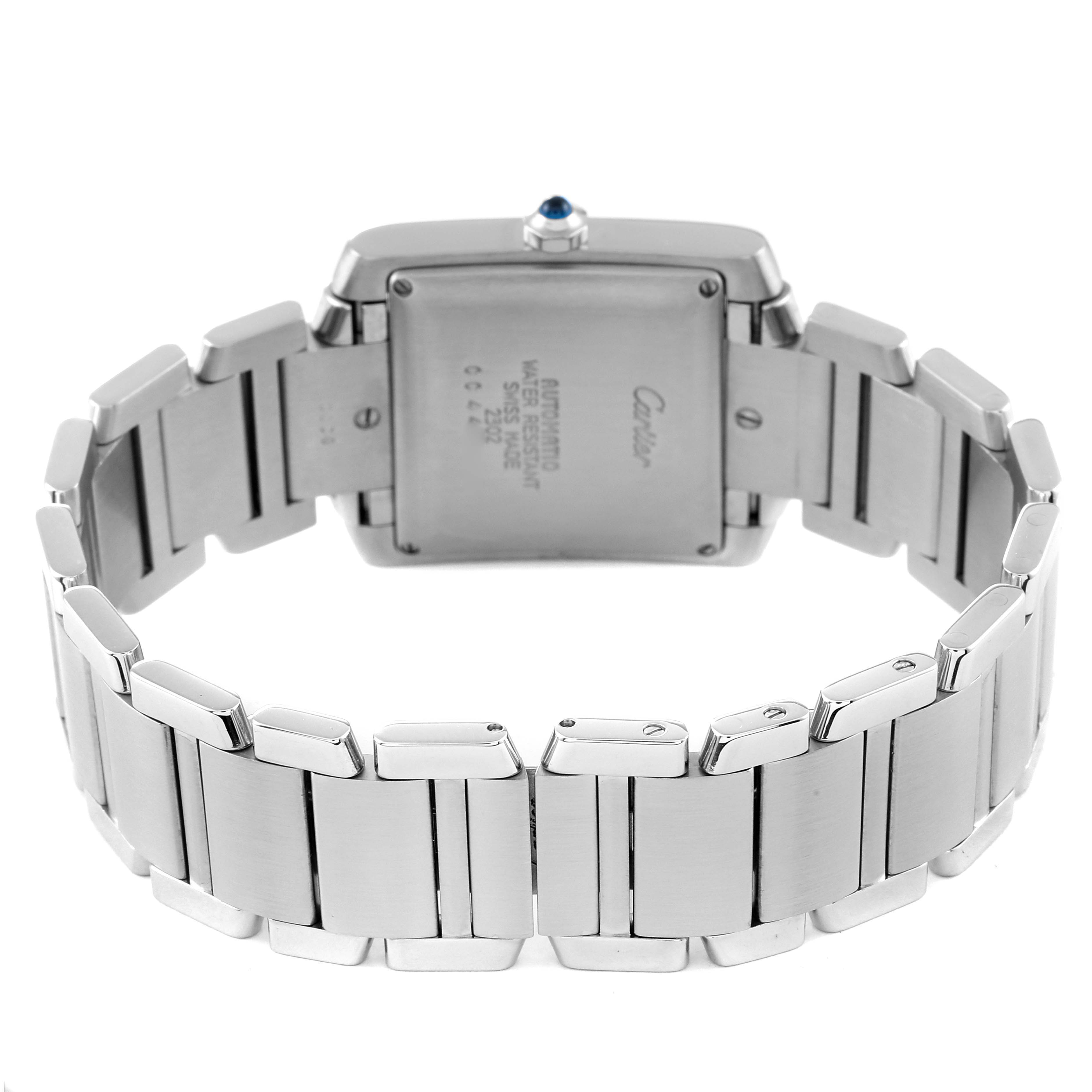 This image shows the back case and metal bracelet of a Cartier Tank Française watch.