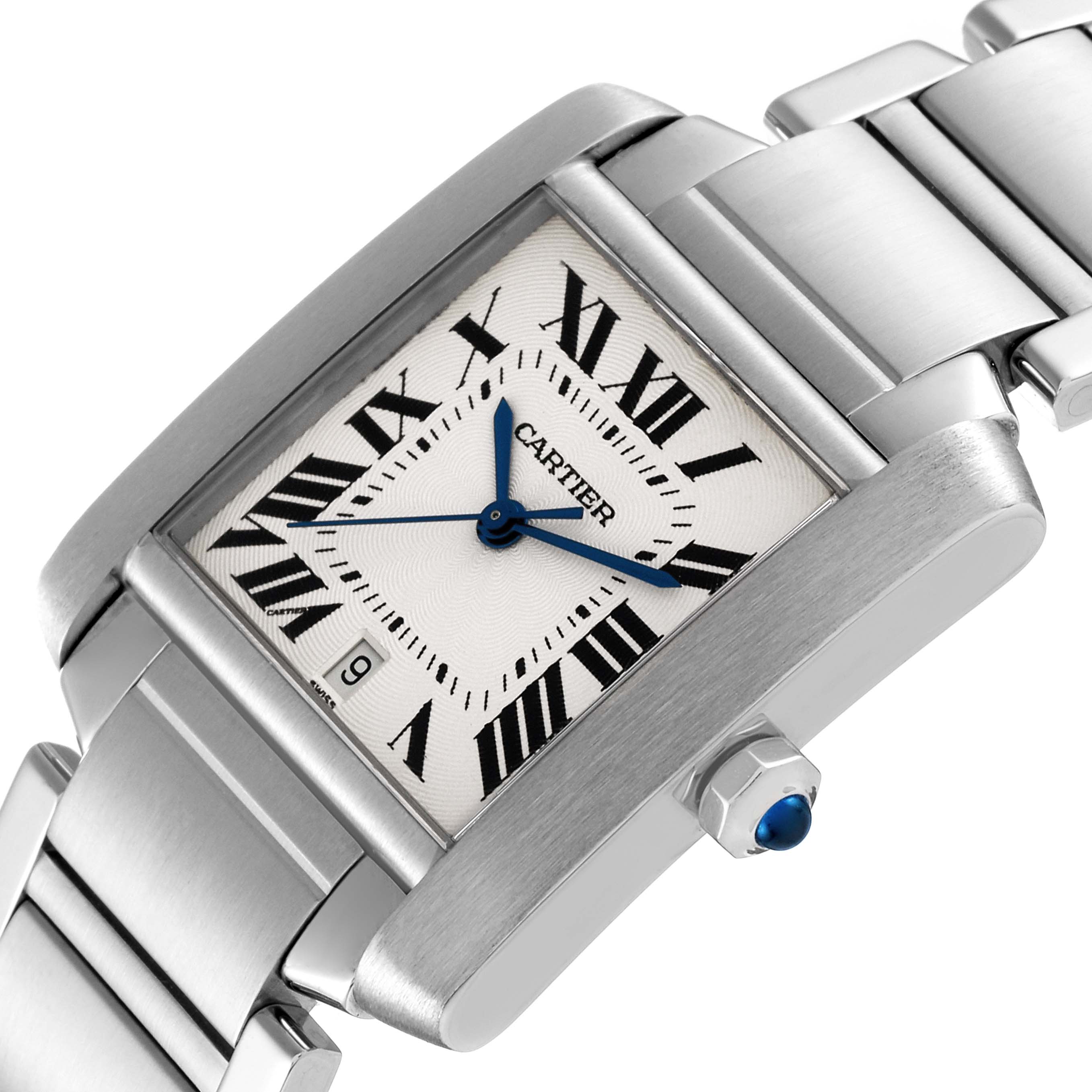 The Cartier Tank Francaise W51002Q3 Men's Stainless Steel Silver Dial W51002Q3 Men's Stainless Steel Silver Dial watch is shown at an oblique angle, highlighting the face, crown, and bracelet.