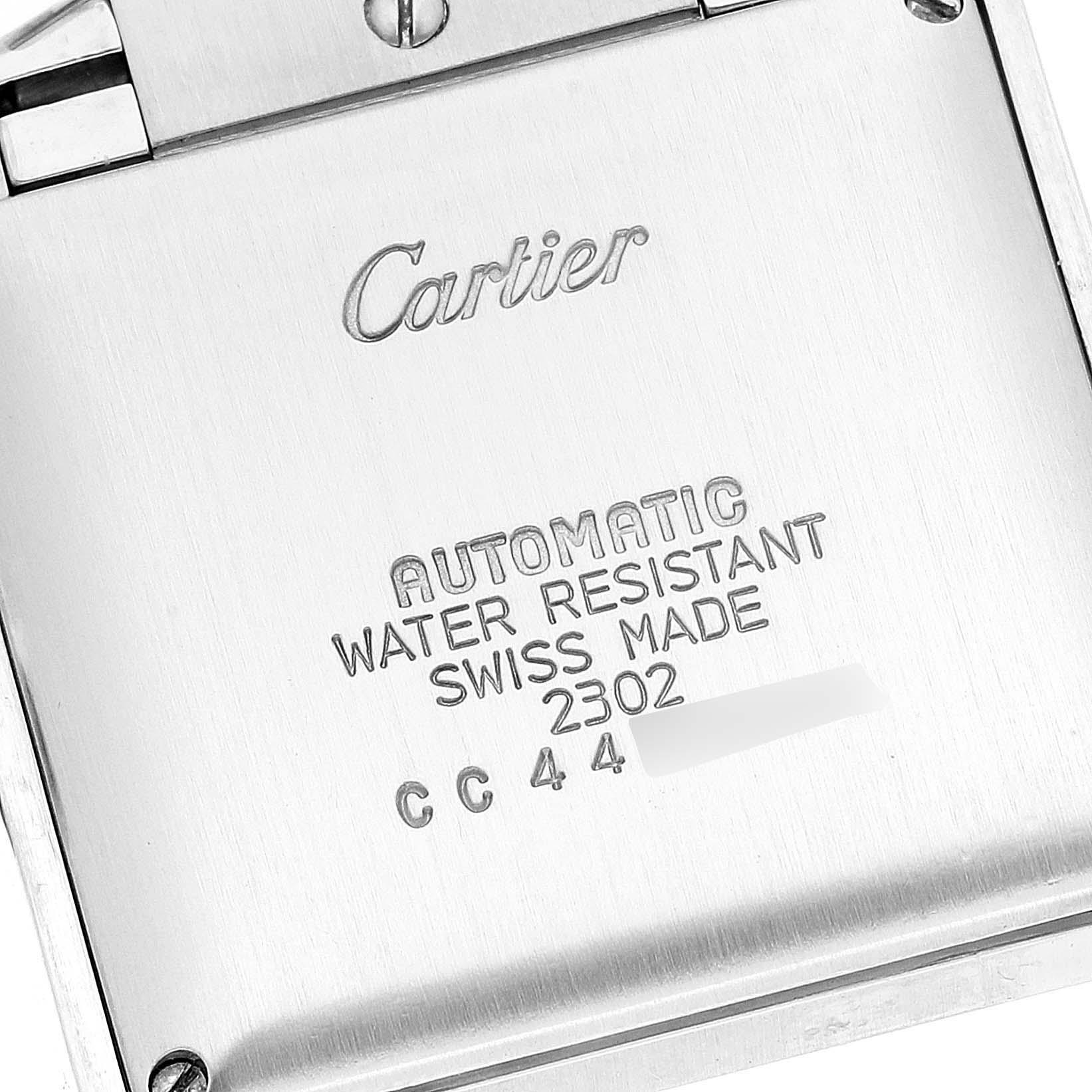 This image shows the back case of a Cartier Tank Francaise W51002Q3 Men's Stainless Steel Silver Dial W51002Q3 Men's Stainless Steel Silver Dial watch, displaying engraving details and water resistance information.