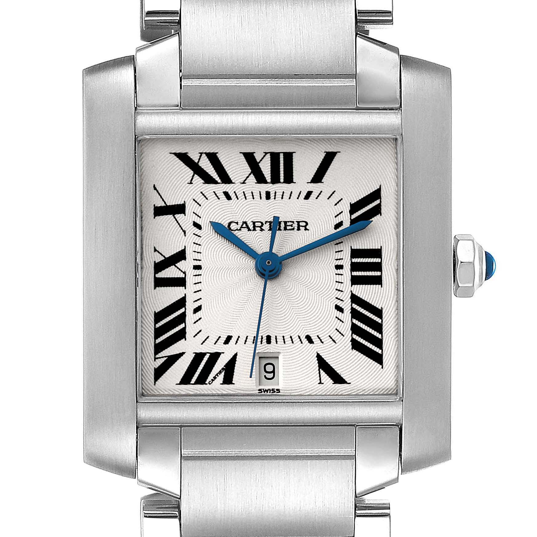 This image shows a front view of the Cartier Tank Francaise W51002Q3 Men's Stainless Steel Silver Dial W51002Q3 Men's Stainless Steel Silver Dial watch, highlighting its dial, Roman numerals, and blue hands.