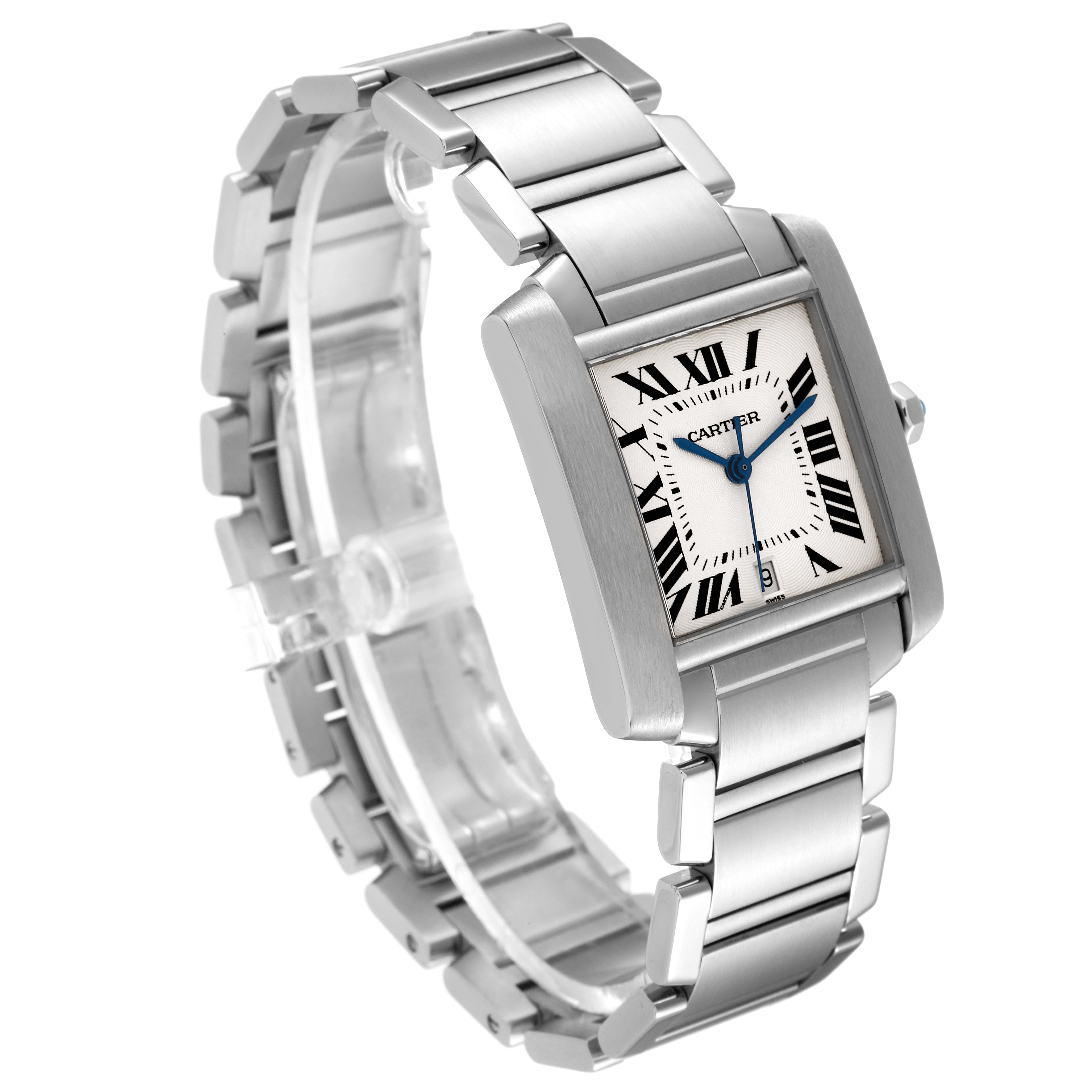 The Cartier Tank Francaise W51002Q3 Men's Stainless Steel Silver Dial W51002Q3 Men's Stainless Steel Silver Dial watch is angled to show its face, Roman numerals, blue hands, and metal bracelet.