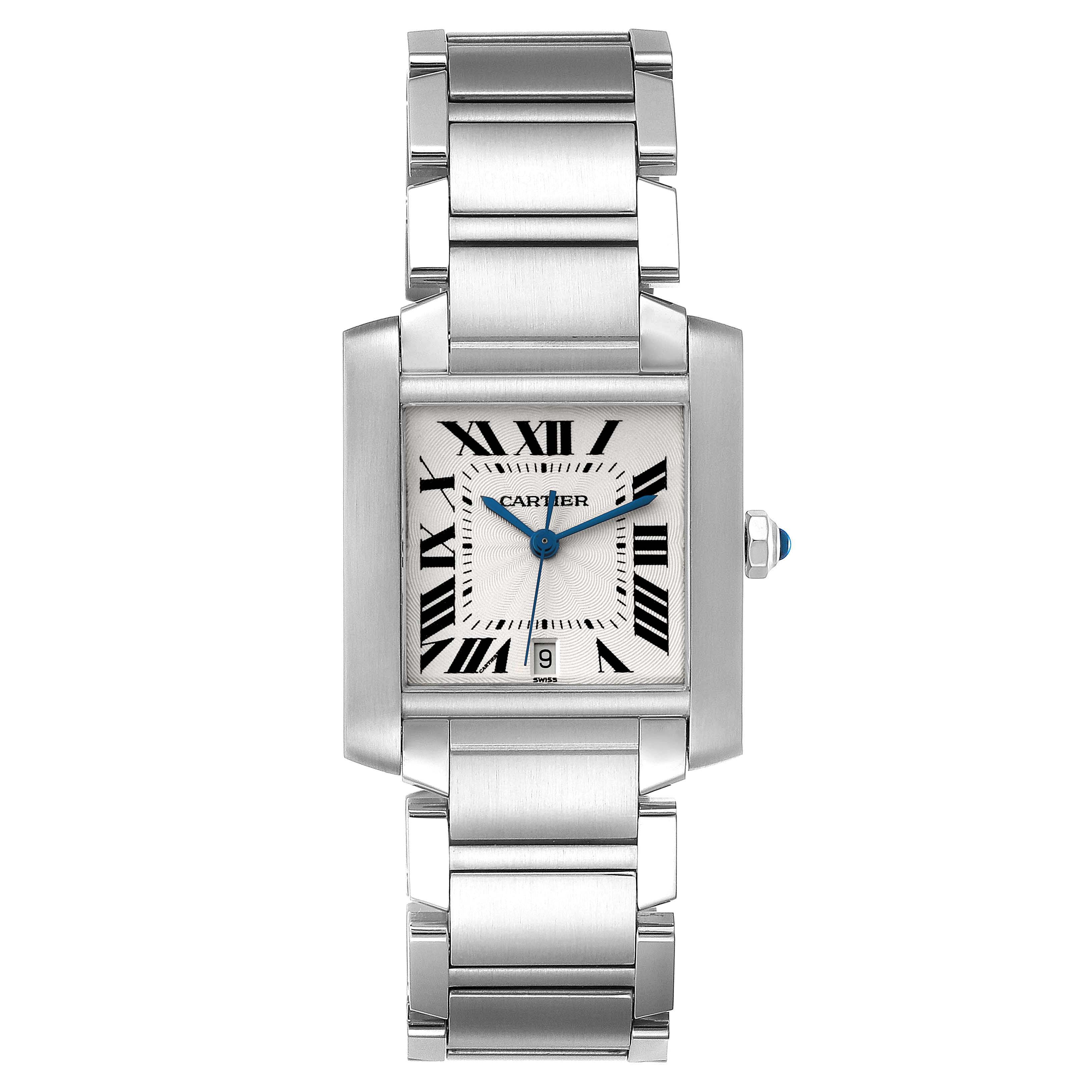 The image shows a front view of the Cartier Tank Francaise W51002Q3 Men's Stainless Steel Silver Dial W51002Q3 Men's Stainless Steel Silver Dial watch, highlighting its face, bracelet, and crown.