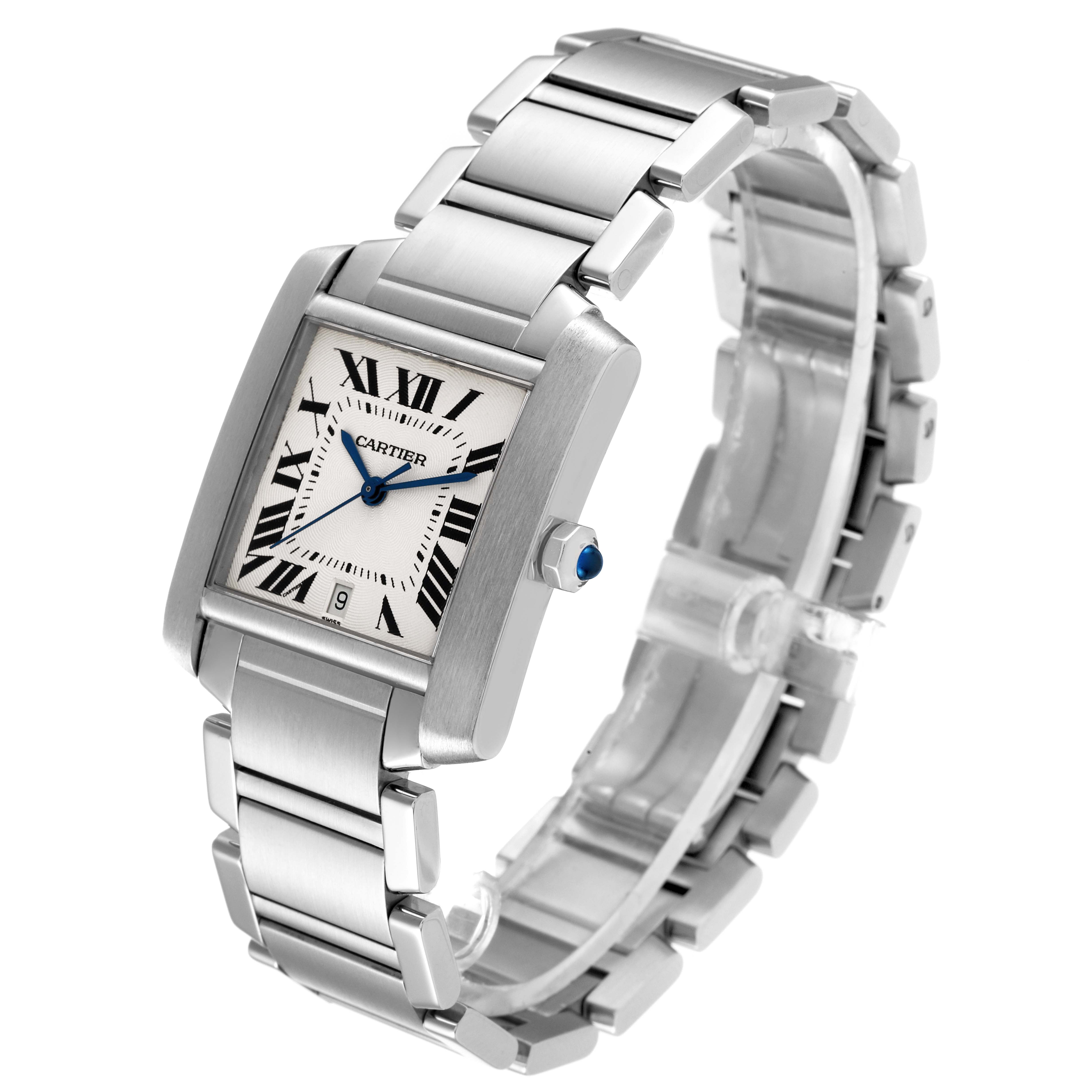 The Cartier Tank Francaise W51002Q3 Men's Stainless Steel Silver Dial W51002Q3 Men's Stainless Steel Silver Dial watch is shown at a three-quarter angle, displaying the face, case, and bracelet.