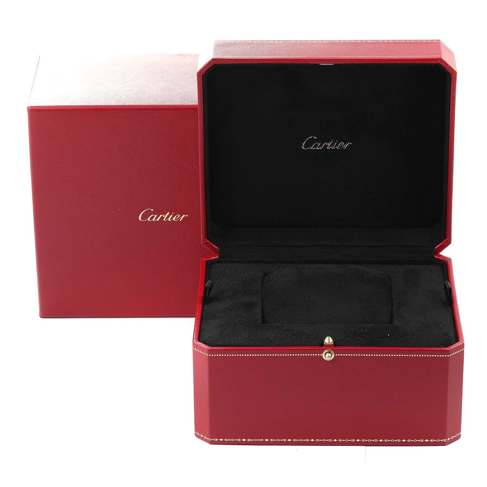 This image shows an open Cartier Tank Française watch box, revealing its interior and an additional separate box behind it.