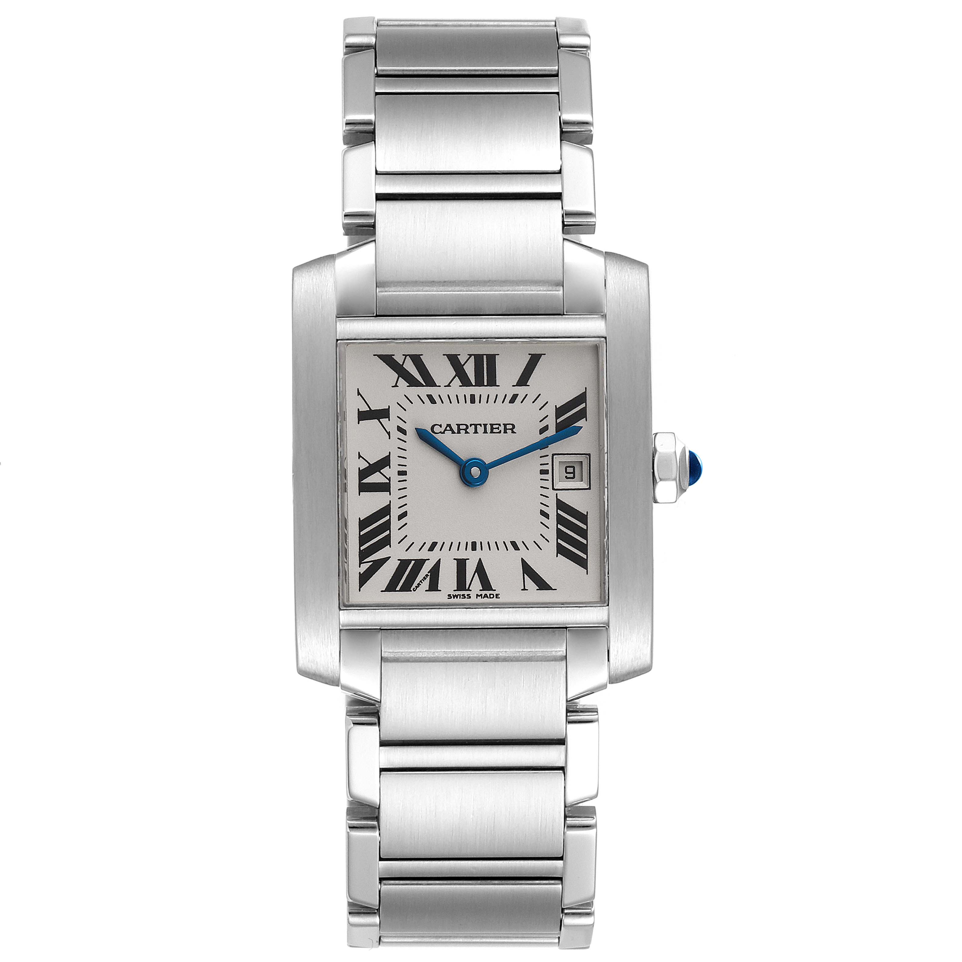 This image shows a Cartier Tank Française watch from a top-down angle, displaying its face, bracelet, and crown.