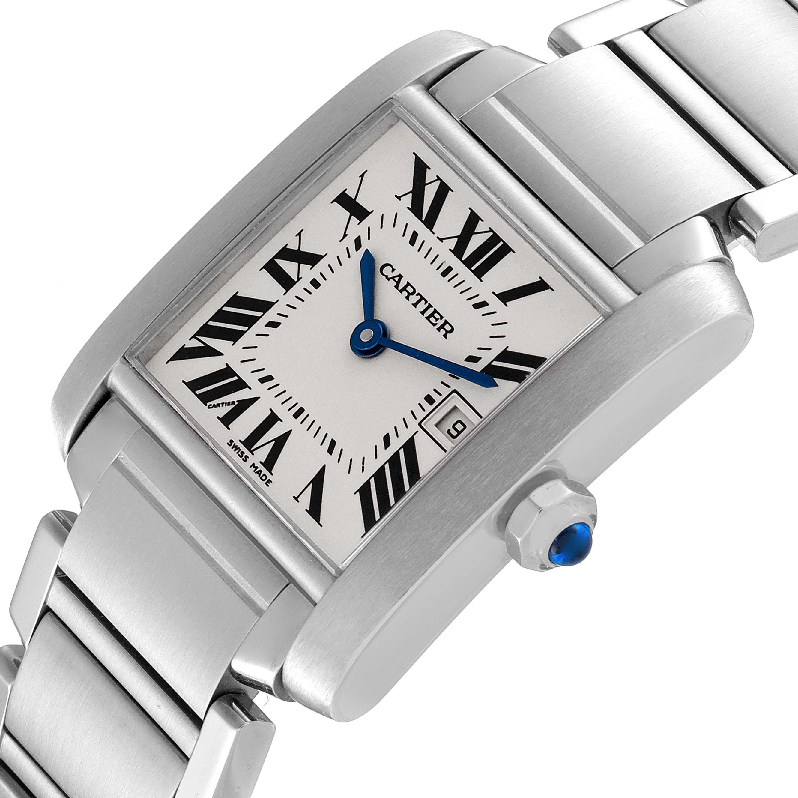 This image shows a close-up of the dial, bracelet, and crown of a Cartier Tank Française watch.