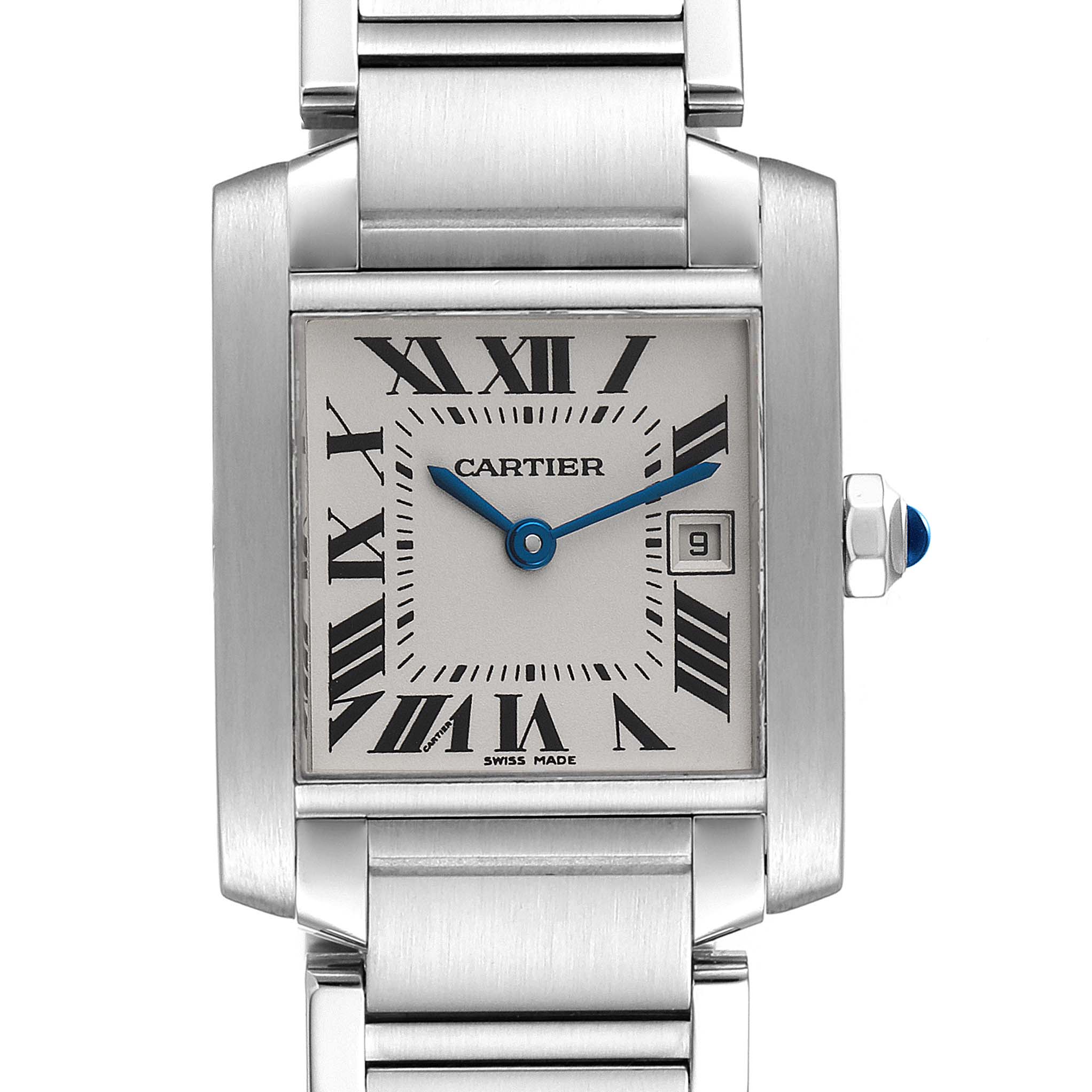 The Cartier Tank Francaise W51011Q3 Women's Stainless Steel Silver Dial W51011Q3 Women's Stainless Steel Silver Dial watch is shown face-on with a silver metal bracelet, rectangular case, Roman numerals, and blue hands.