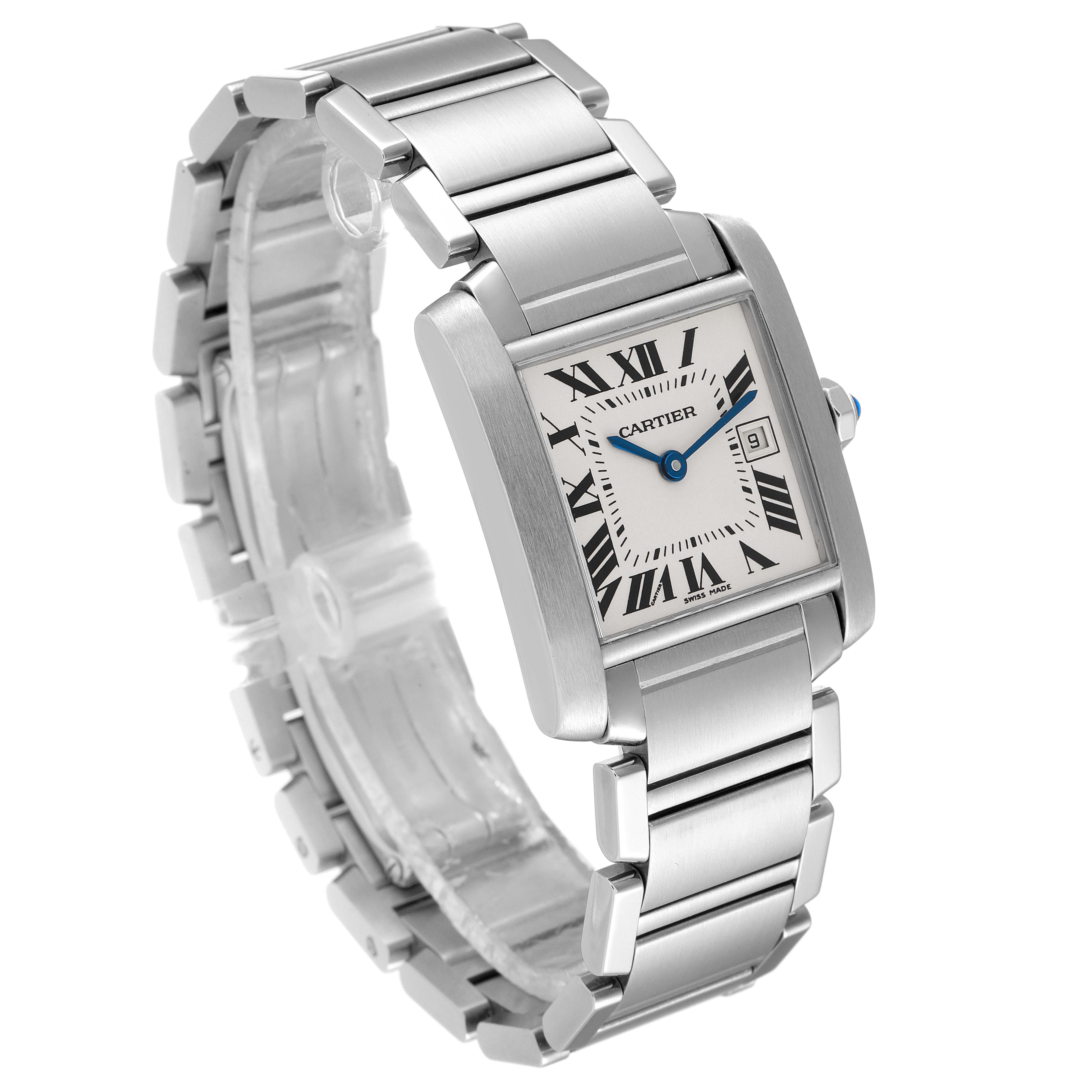 The image shows a Cartier Tank Francaise W51011Q3 Women's Stainless Steel Silver Dial W51011Q3 Women's Stainless Steel Silver Dial watch at a three-quarters angle, highlighting the face, bracelet, and crown.